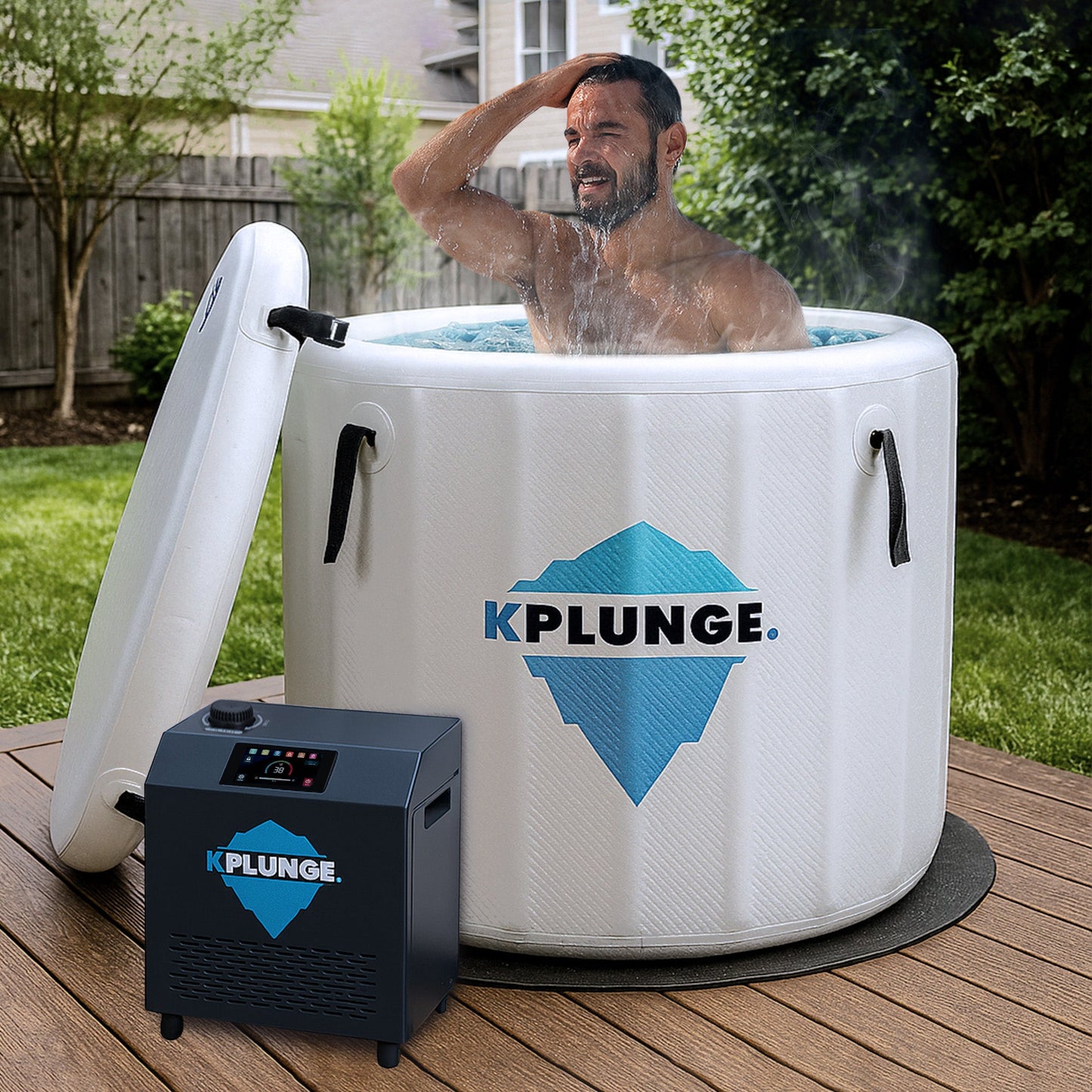 K-Plunge Arctic Fox 60" Gray 1-Person Inflatable Cold Plunge Ice Bath Tub/Hot Tub With PVC Insulated Lid, Pump, Repair Kit and 3/4 hp Chiller