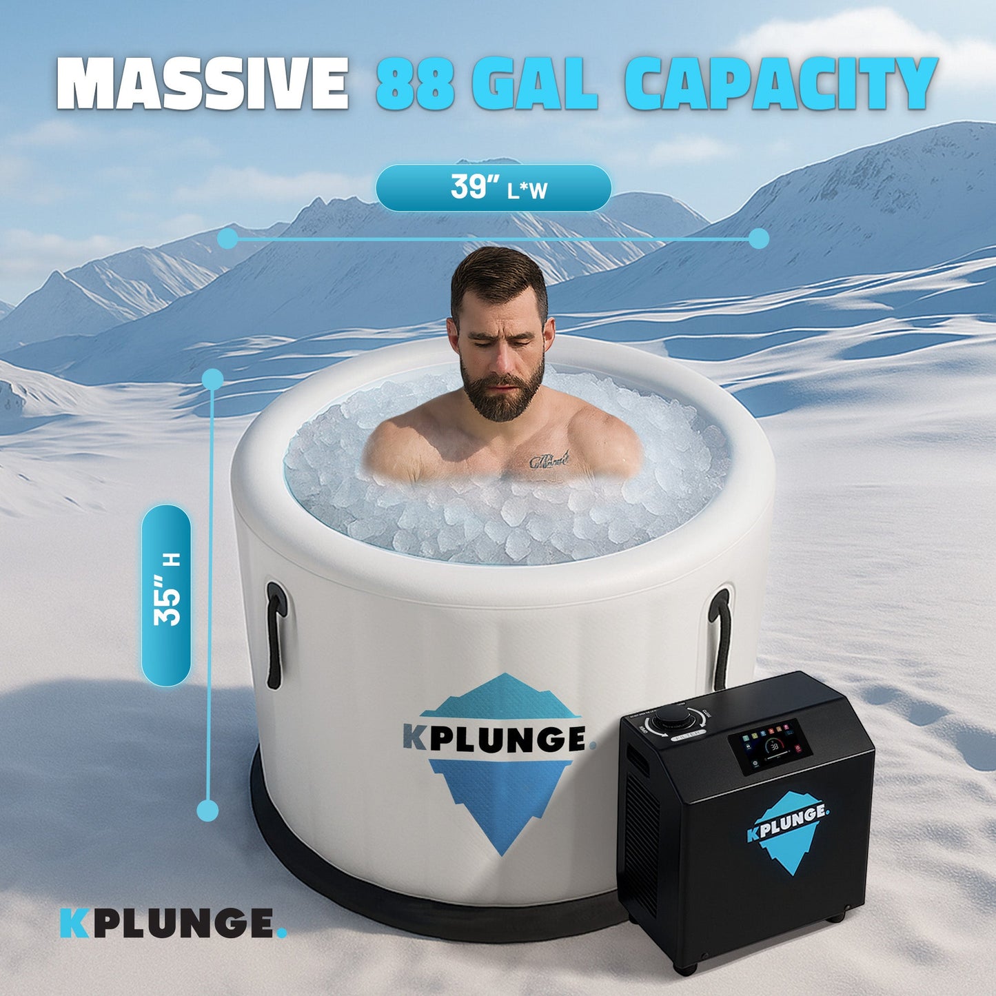 K-Plunge Arctic Fox 60" Gray 1-Person Inflatable Cold Plunge Ice Bath Tub/Hot Tub With PVC Insulated Lid, Pump, Repair Kit and 3/4 hp Chiller