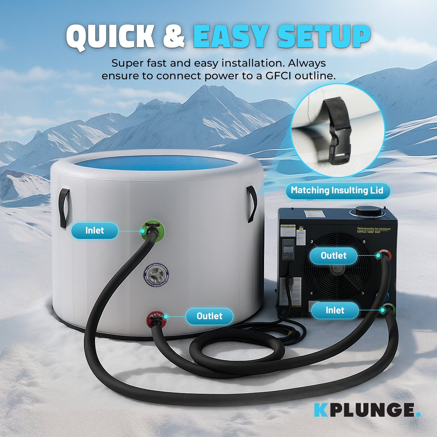 K-Plunge Arctic Fox 60" Gray 1-Person Inflatable Cold Plunge Ice Bath Tub/Hot Tub With PVC Insulated Lid, Pump, Repair Kit and 3/4 hp Chiller