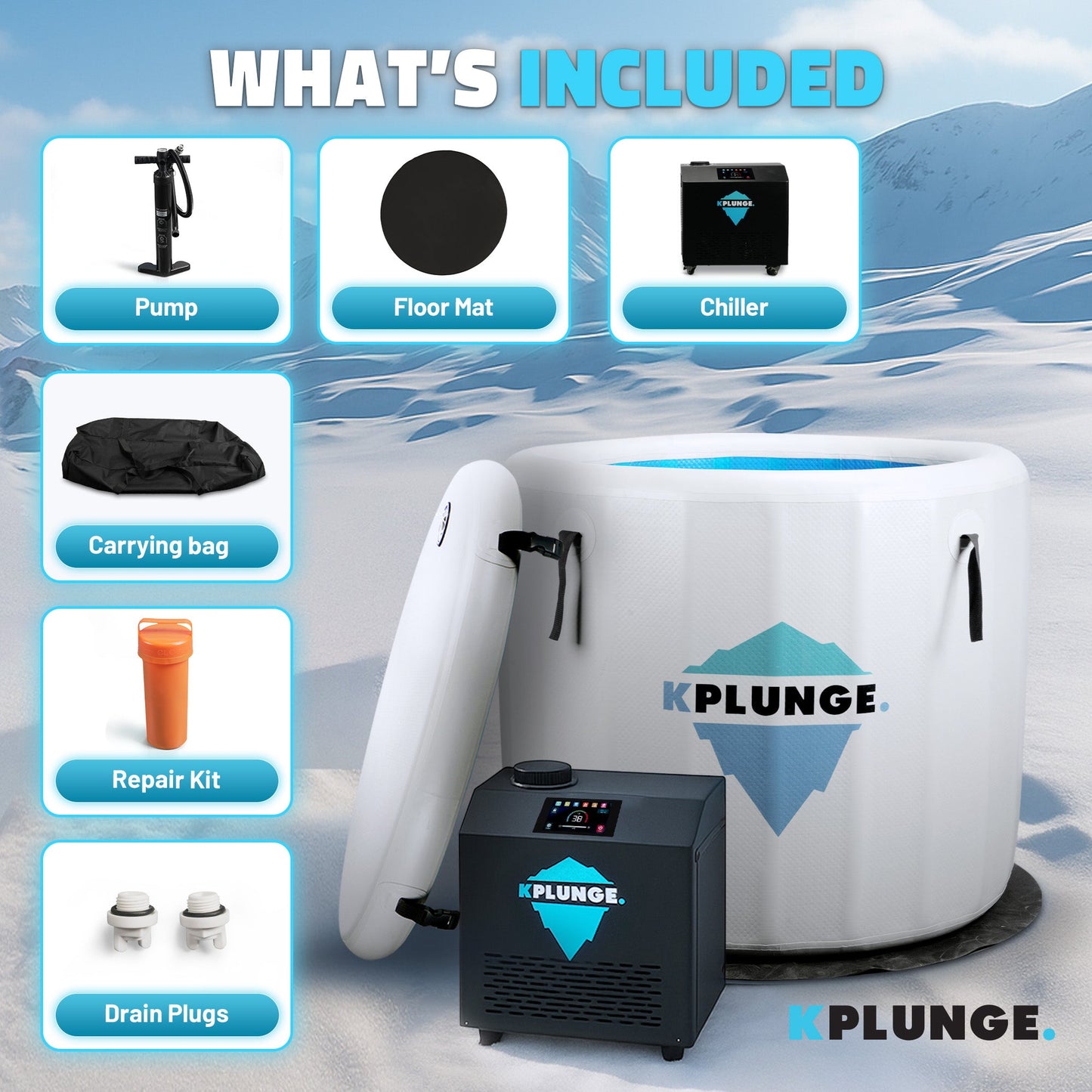 K-Plunge Arctic Fox 60" Gray 1-Person Inflatable Cold Plunge Ice Bath Tub/Hot Tub With PVC Insulated Lid, Pump, Repair Kit and 3/4 hp Chiller