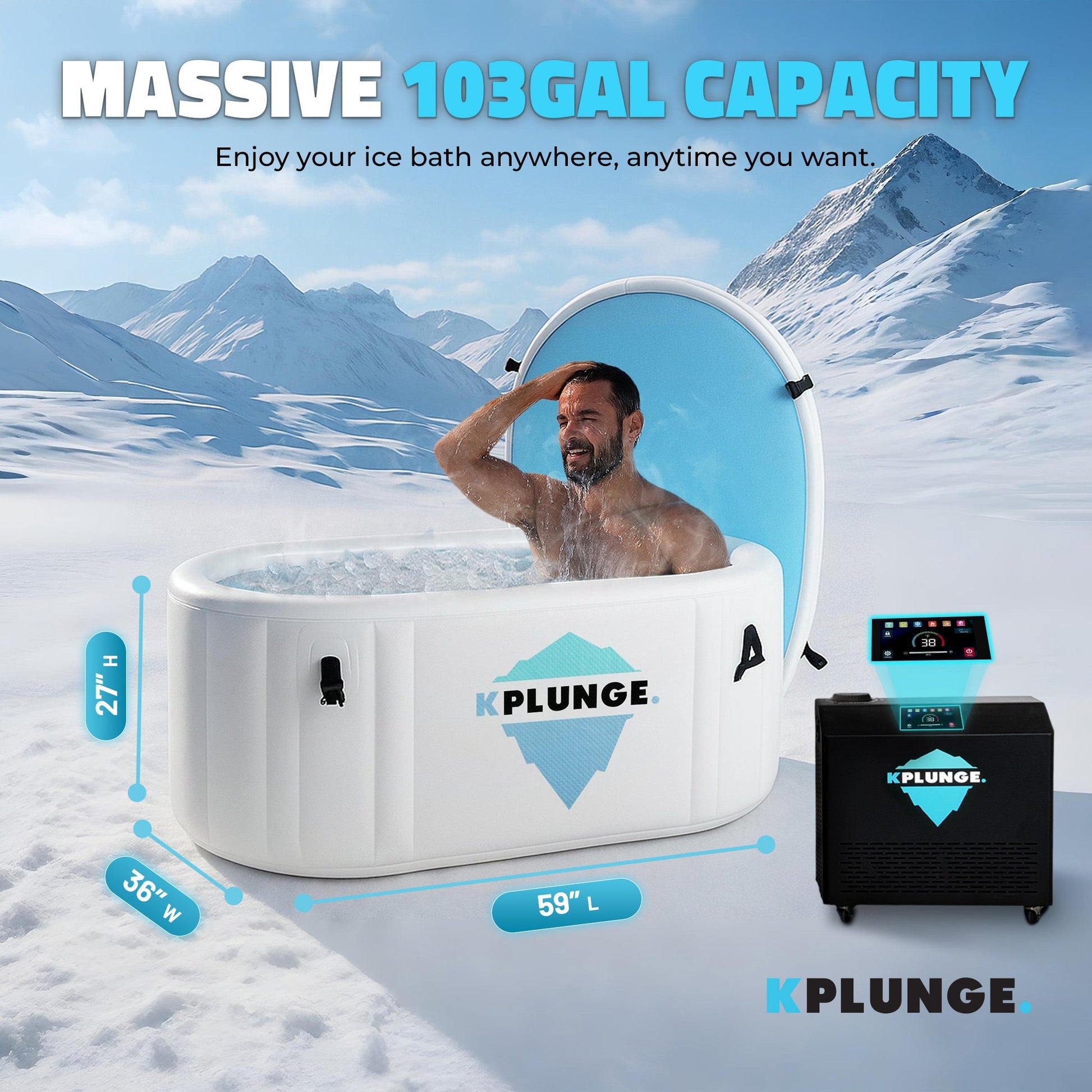K-Plunge Kodiak 60" Gray 1-Person Inflatable Cold Plunge Ice Bath Tub/Hot Tub With PVC Insulated Lid, Hand Pump, Repair Kit and 1 hp Chiller