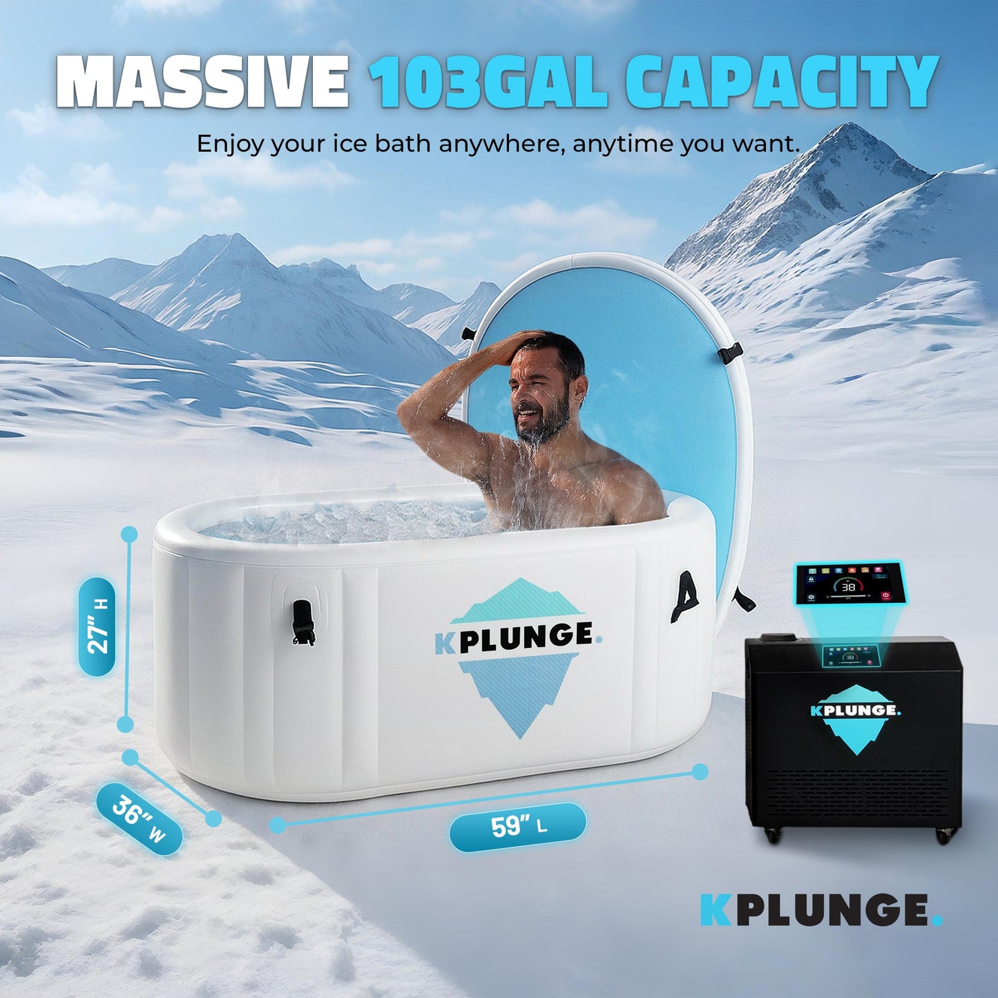 K-Plunge Kodiak 60" Gray 1-Person Inflatable Cold Plunge Ice Bath Tub/Hot Tub With PVC Insulated Lid, Hand Pump, Repair Kit and 3/4 hp Chiller