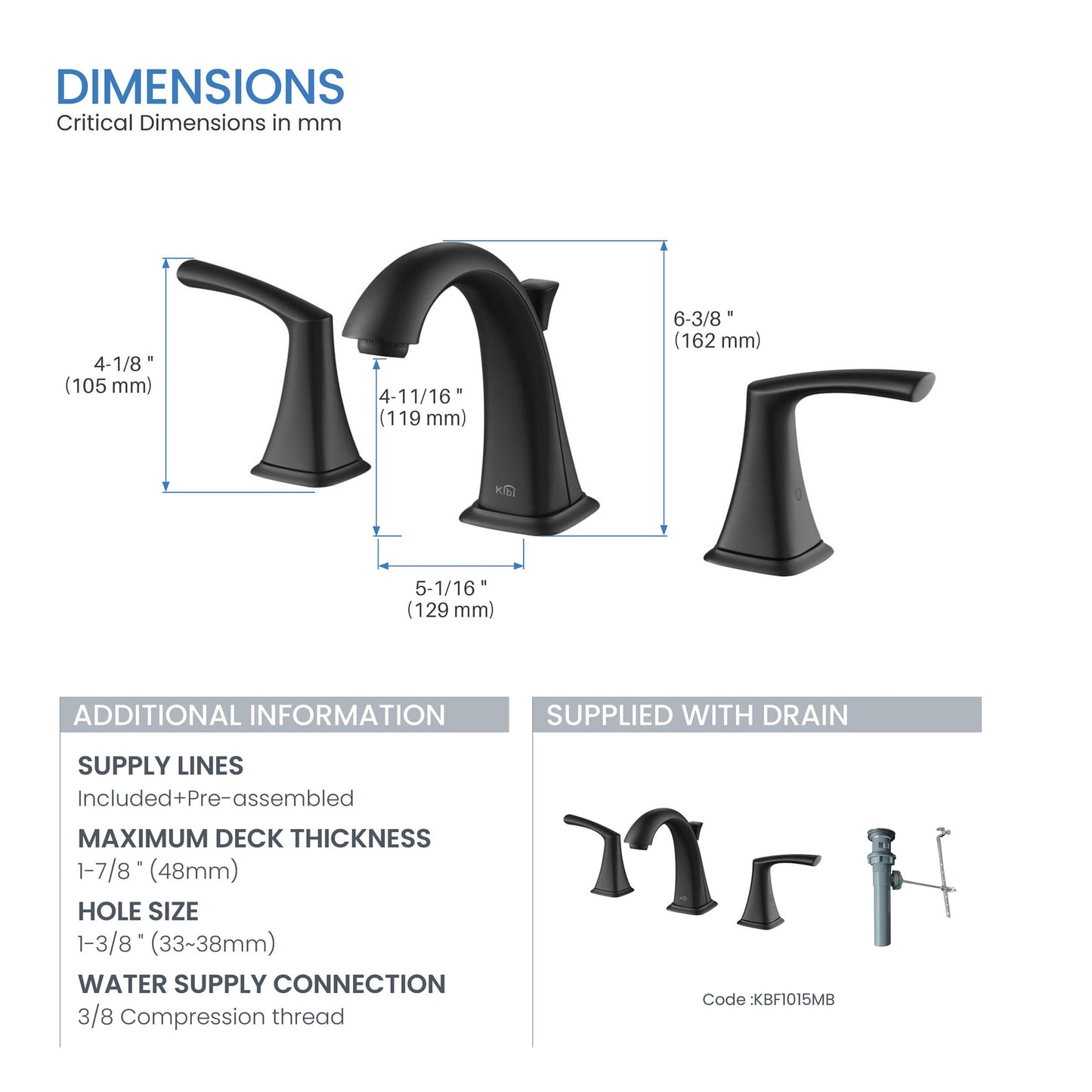 KIBI Stonehenge 8" Widespread Bathroom Sink Faucet with Pop-up In Matte Black Finish