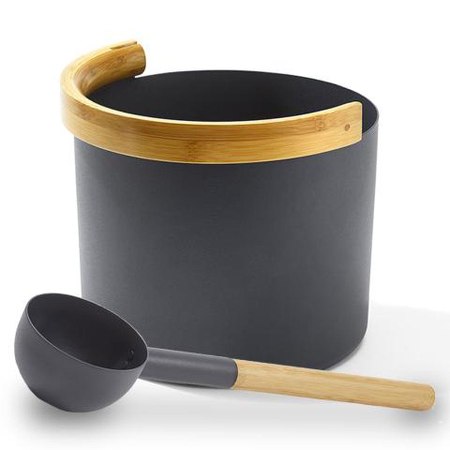 Kolo Sauna Black 1 Gallon Water Capacity Bucket With Curved Handle and Bamboo Handle Ladle Set