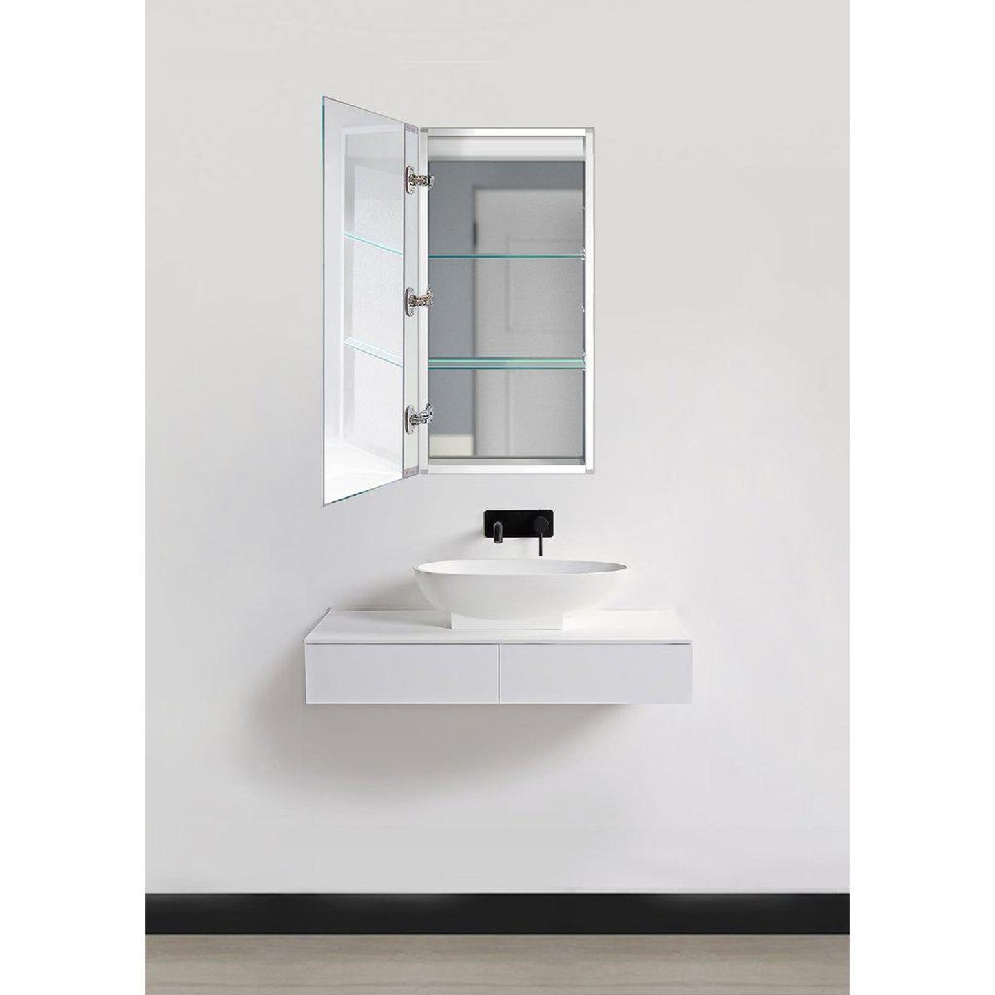 Krugg Reflections Kinetic 15" x 30" 6000K Single Left Opening Rectangular Recessed/Surface-Mount Illuminated Silver Backed LED Medicine Cabinet Mirror With Built-in Defogger, Dimmer and Electrical Outlet