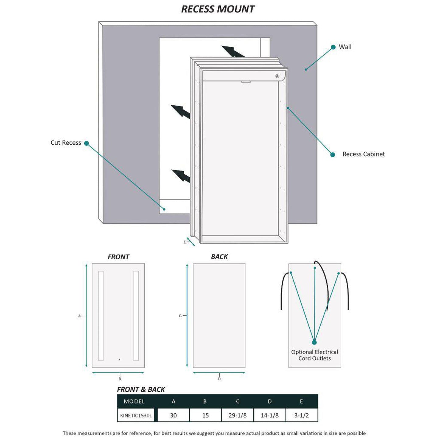 Krugg Reflections Kinetic 15" x 30" 6000K Single Left Opening Rectangular Recessed/Surface-Mount Illuminated Silver Backed LED Medicine Cabinet Mirror With Built-in Defogger, Dimmer and Electrical Outlet