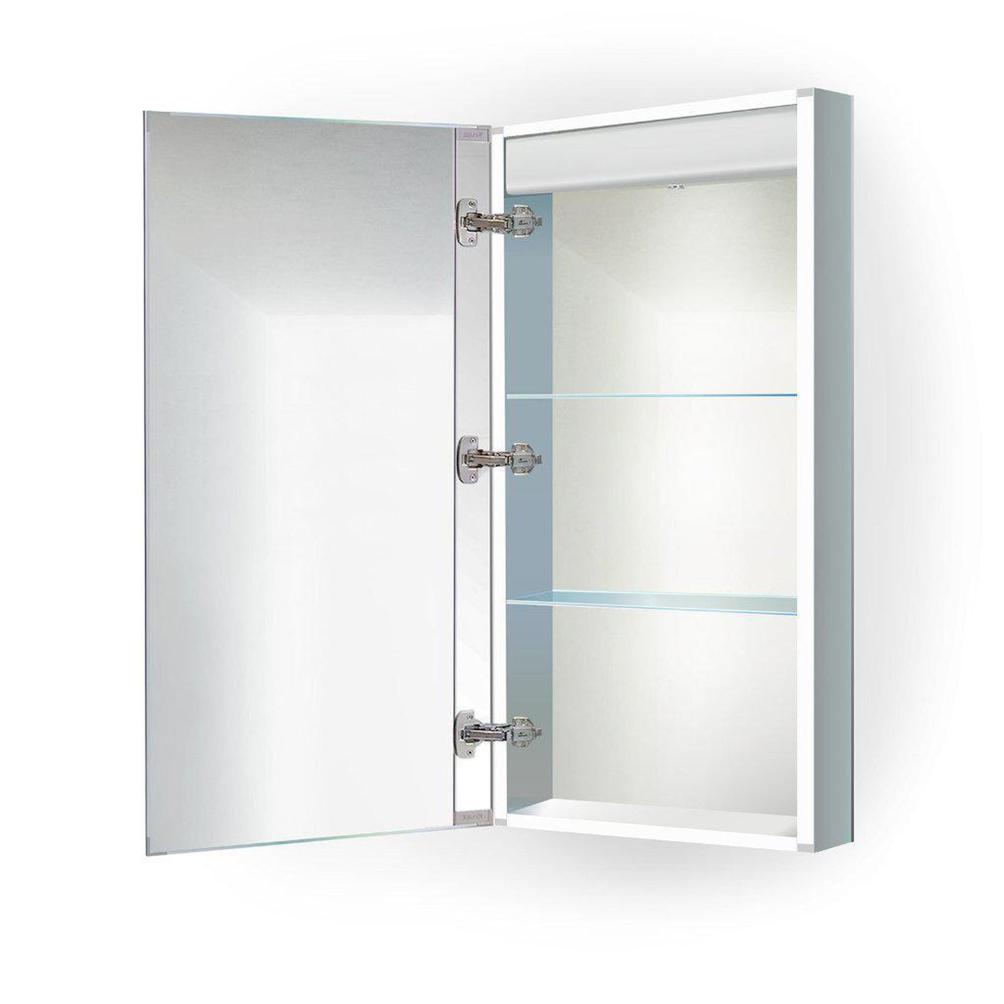 Krugg Reflections Kinetic 15" x 30" 6000K Single Left Opening Rectangular Recessed/Surface-Mount Illuminated Silver Backed LED Medicine Cabinet Mirror With Built-in Defogger, Dimmer and Electrical Outlet