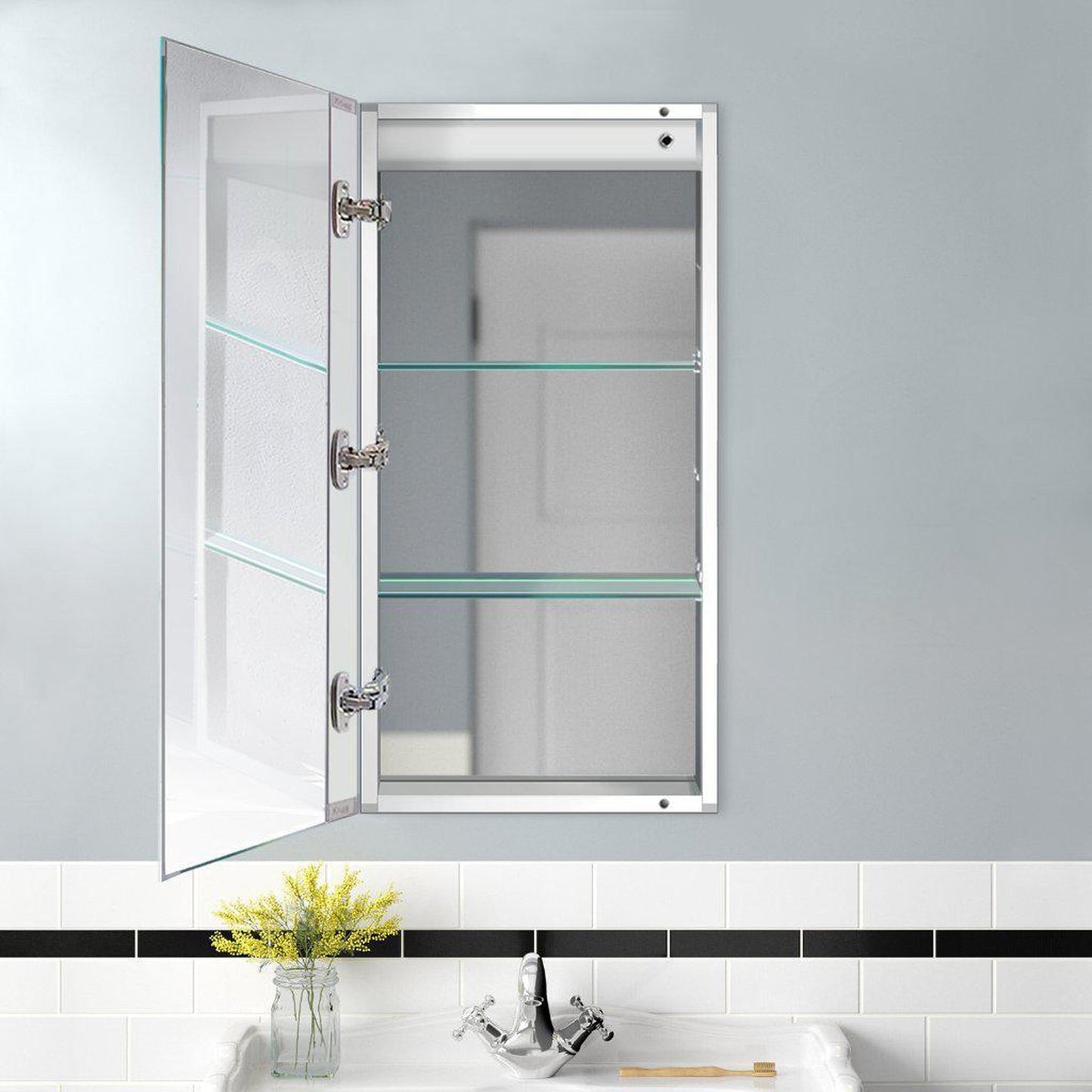 Krugg Reflections Kinetic 15" x 30" 6000K Single Left Opening Rectangular Recessed/Surface-Mount Illuminated Silver Backed LED Medicine Cabinet Mirror With Built-in Defogger, Dimmer and Electrical Outlet