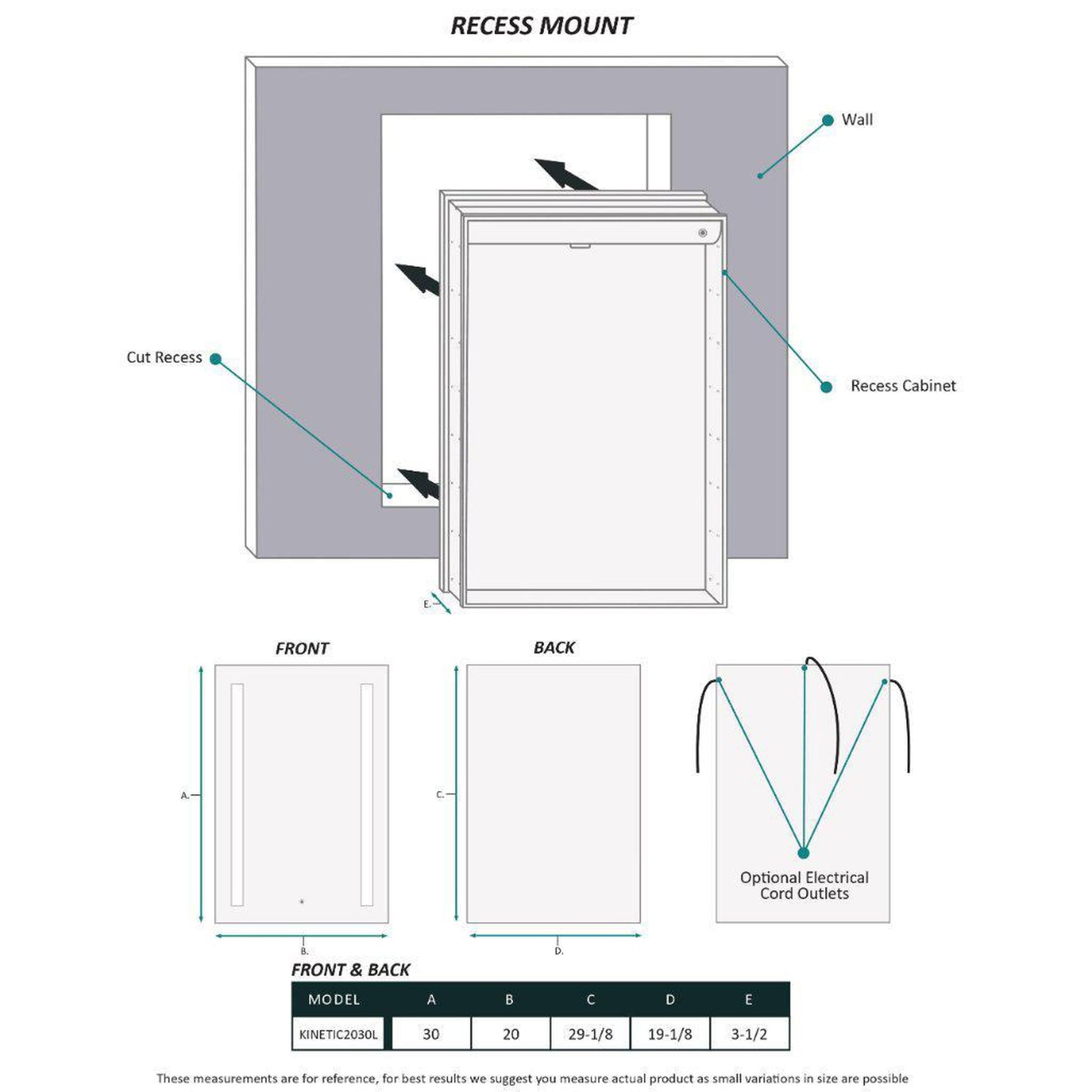 Krugg Reflections Kinetic 20" x 30" 6000K Single Left Opening Rectangular Recessed/Surface-Mount Illuminated Silver Backed LED Medicine Cabinet Mirror With Built-in Defogger, Dimmer and Electrical Outlet