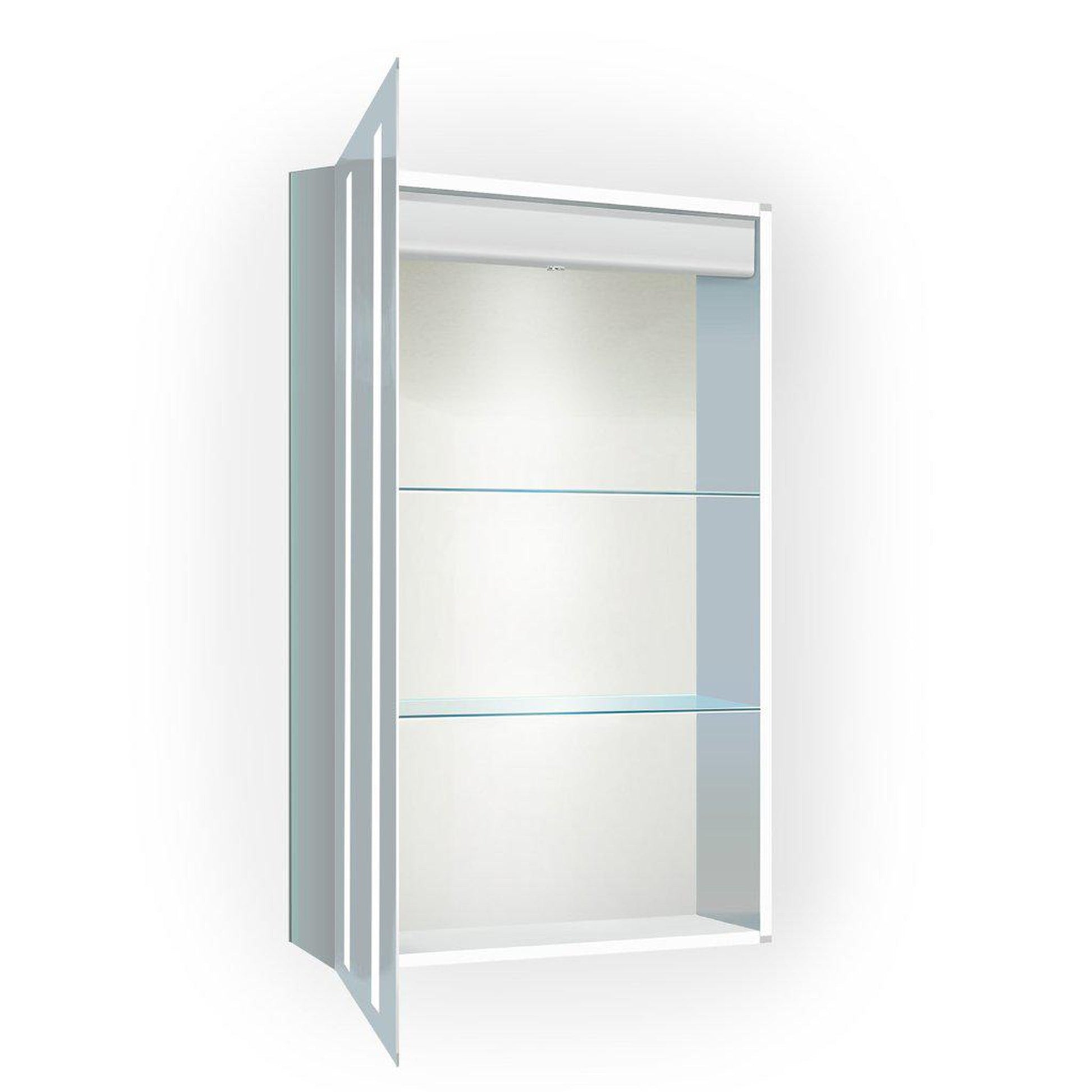 Krugg Reflections Kinetic 20" x 30" 6000K Single Left Opening Rectangular Recessed/Surface-Mount Illuminated Silver Backed LED Medicine Cabinet Mirror With Built-in Defogger, Dimmer and Electrical Outlet