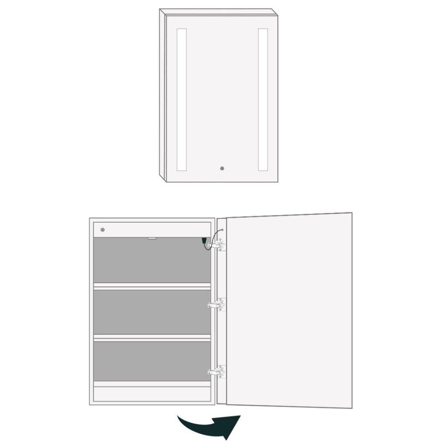 Krugg Reflections Kinetic 20" x 30" 6000K Single Right Opening Rectangular Recessed/Surface-Mount Illuminated Silver Backed LED Medicine Cabinet Mirror With Built-in Defogger, Dimmer and Electrical Outlet