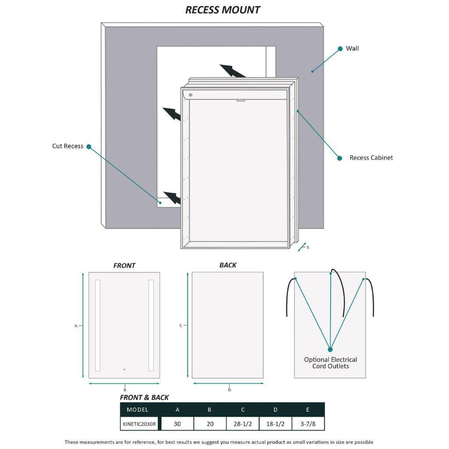 Krugg Reflections Kinetic 20" x 30" 6000K Single Right Opening Rectangular Recessed/Surface-Mount Illuminated Silver Backed LED Medicine Cabinet Mirror With Built-in Defogger, Dimmer and Electrical Outlet