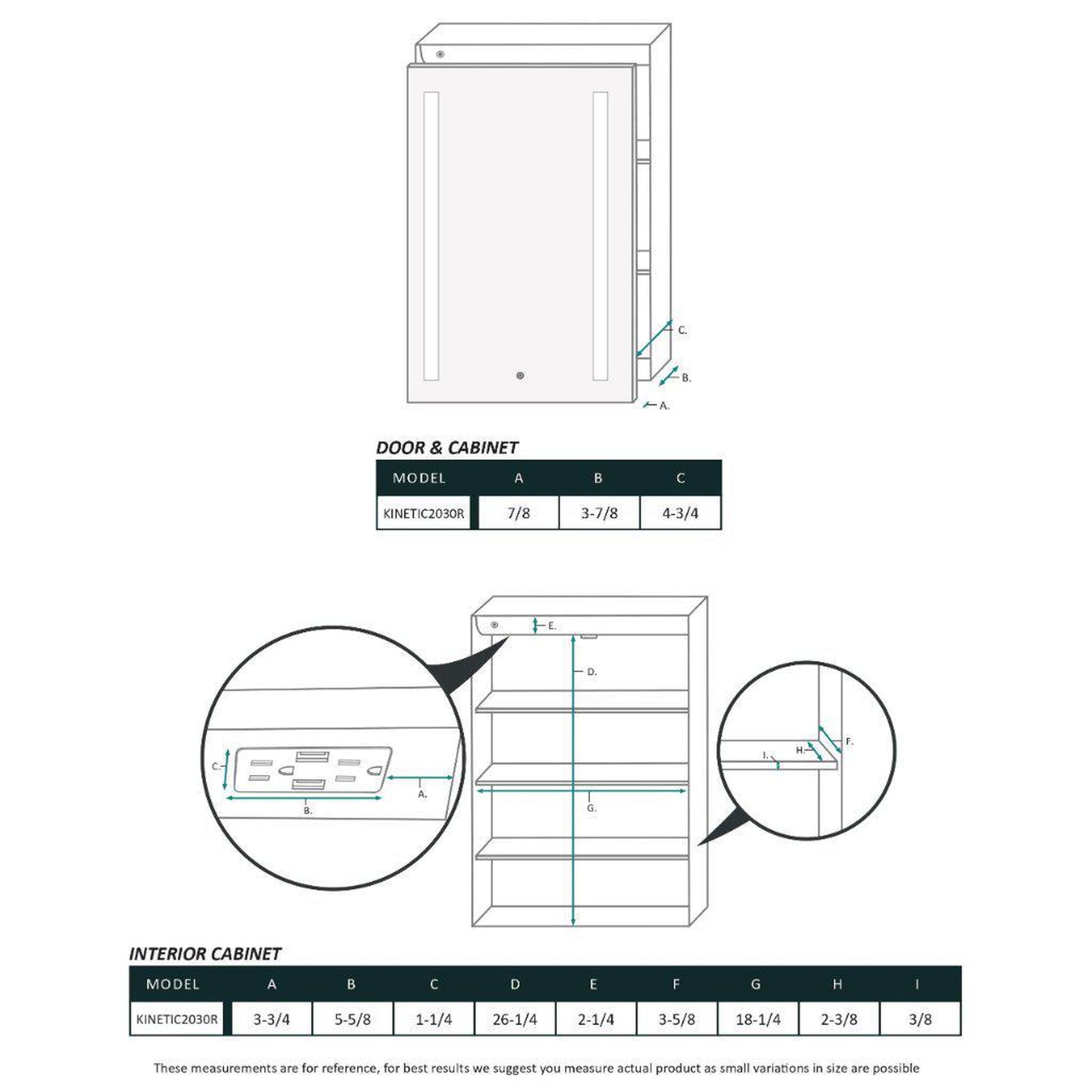 Krugg Reflections Kinetic 20" x 30" 6000K Single Right Opening Rectangular Recessed/Surface-Mount Illuminated Silver Backed LED Medicine Cabinet Mirror With Built-in Defogger, Dimmer and Electrical Outlet