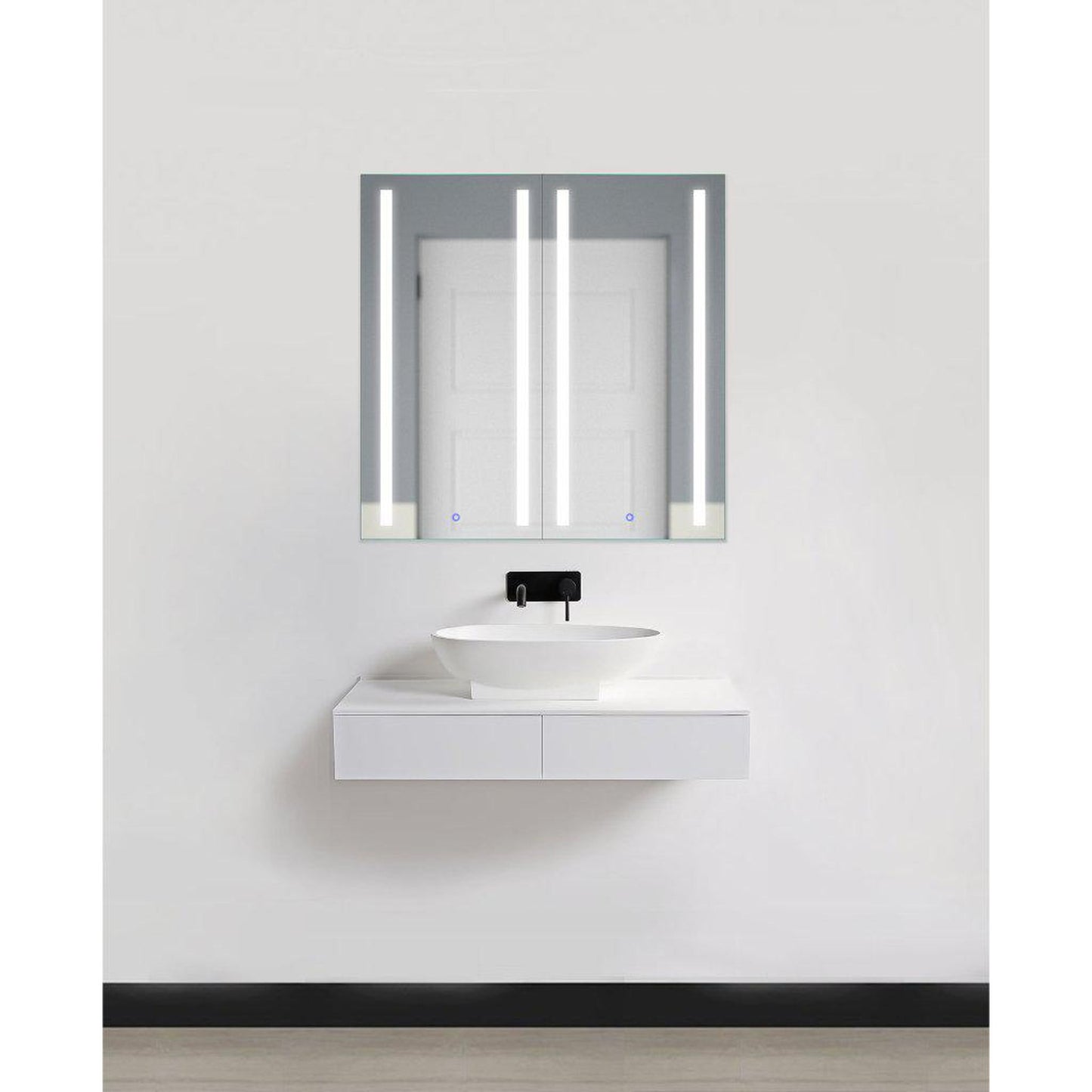 Krugg Reflections Kinetic 30" x 30" 6000K Double Dual Opening Rectangular Recessed/Surface-Mount Illuminated Silver Backed LED Medicine Cabinet Mirror With Built-in Defogger, Dimmer and Electrical Outlet