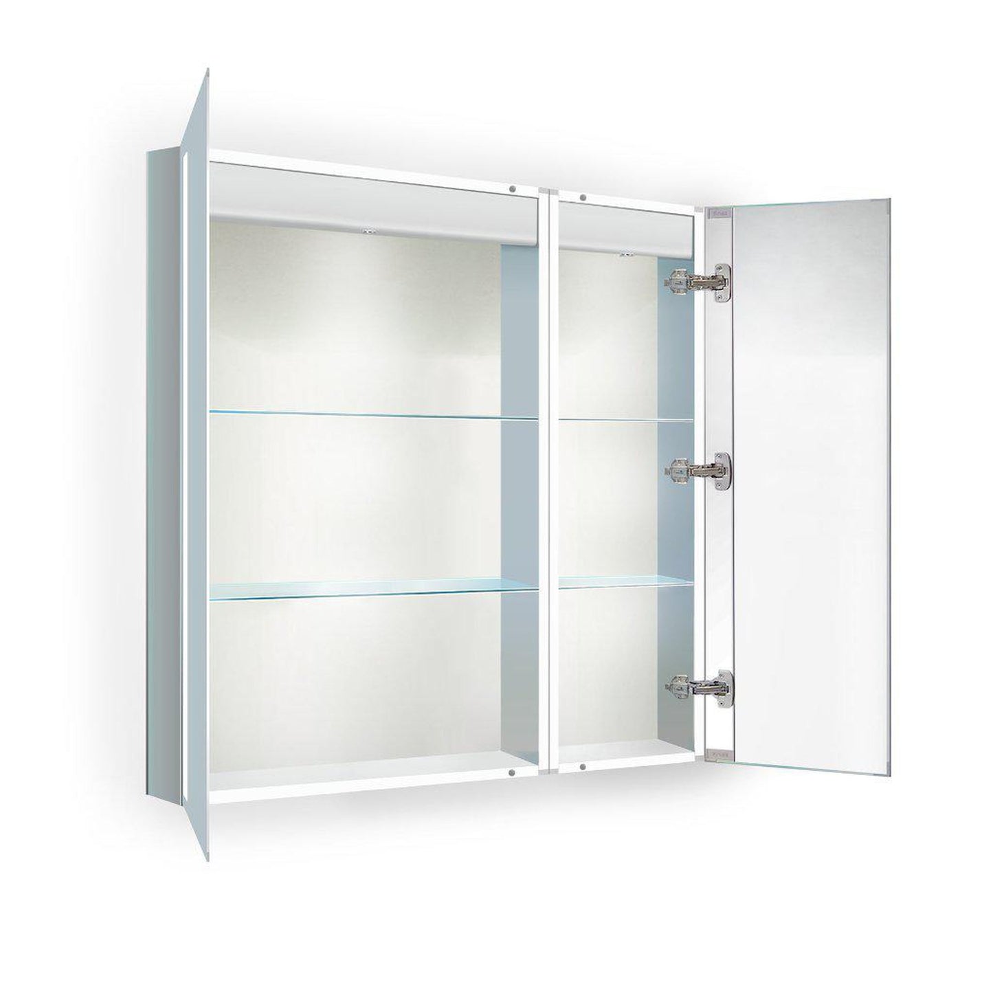 Krugg Reflections Kinetic 30" x 30" 6000K Double Dual Opening Rectangular Recessed/Surface-Mount Illuminated Silver Backed LED Medicine Cabinet Mirror With Built-in Defogger, Dimmer and Electrical Outlet