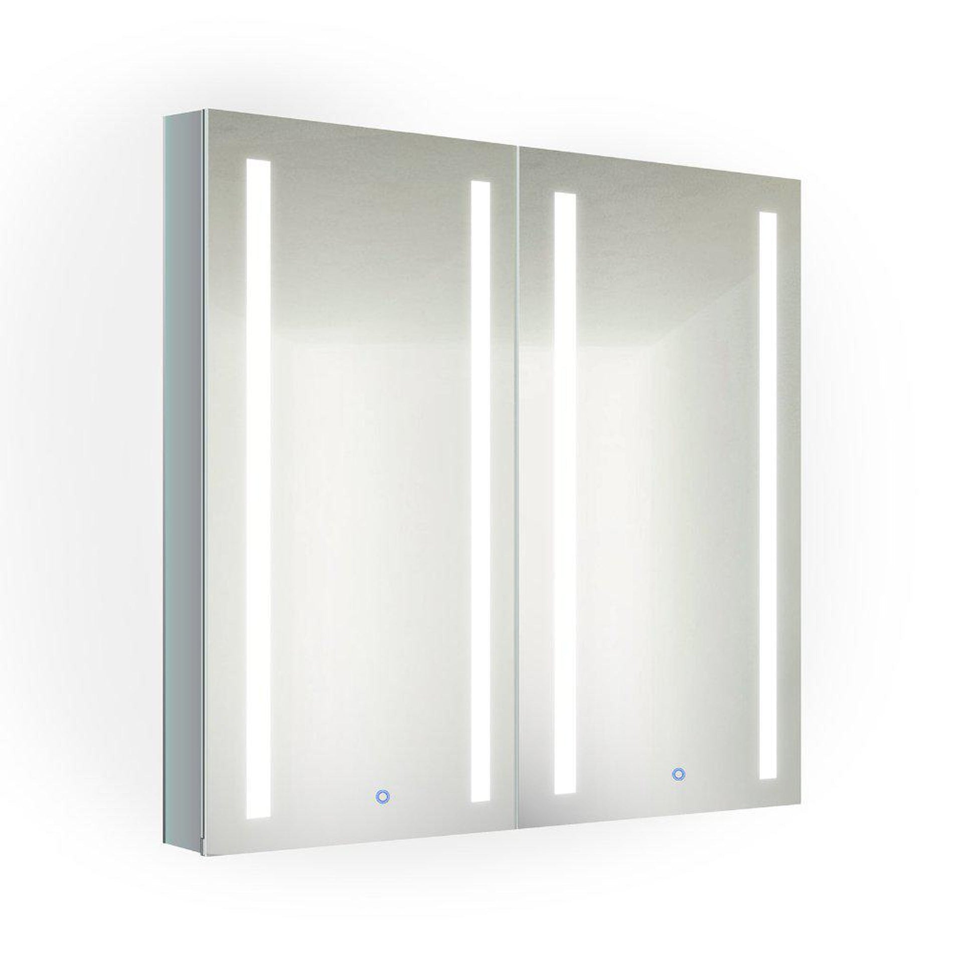 Krugg Reflections Kinetic 30" x 30" 6000K Double Dual Opening Rectangular Recessed/Surface-Mount Illuminated Silver Backed LED Medicine Cabinet Mirror With Built-in Defogger, Dimmer and Electrical Outlet