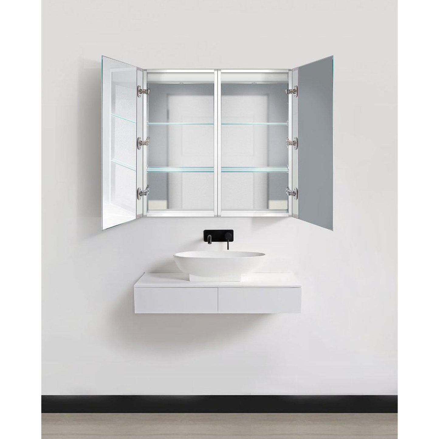 Krugg Reflections Kinetic 30" x 30" 6000K Double Dual Opening Rectangular Recessed/Surface-Mount Illuminated Silver Backed LED Medicine Cabinet Mirror With Built-in Defogger, Dimmer and Electrical Outlet