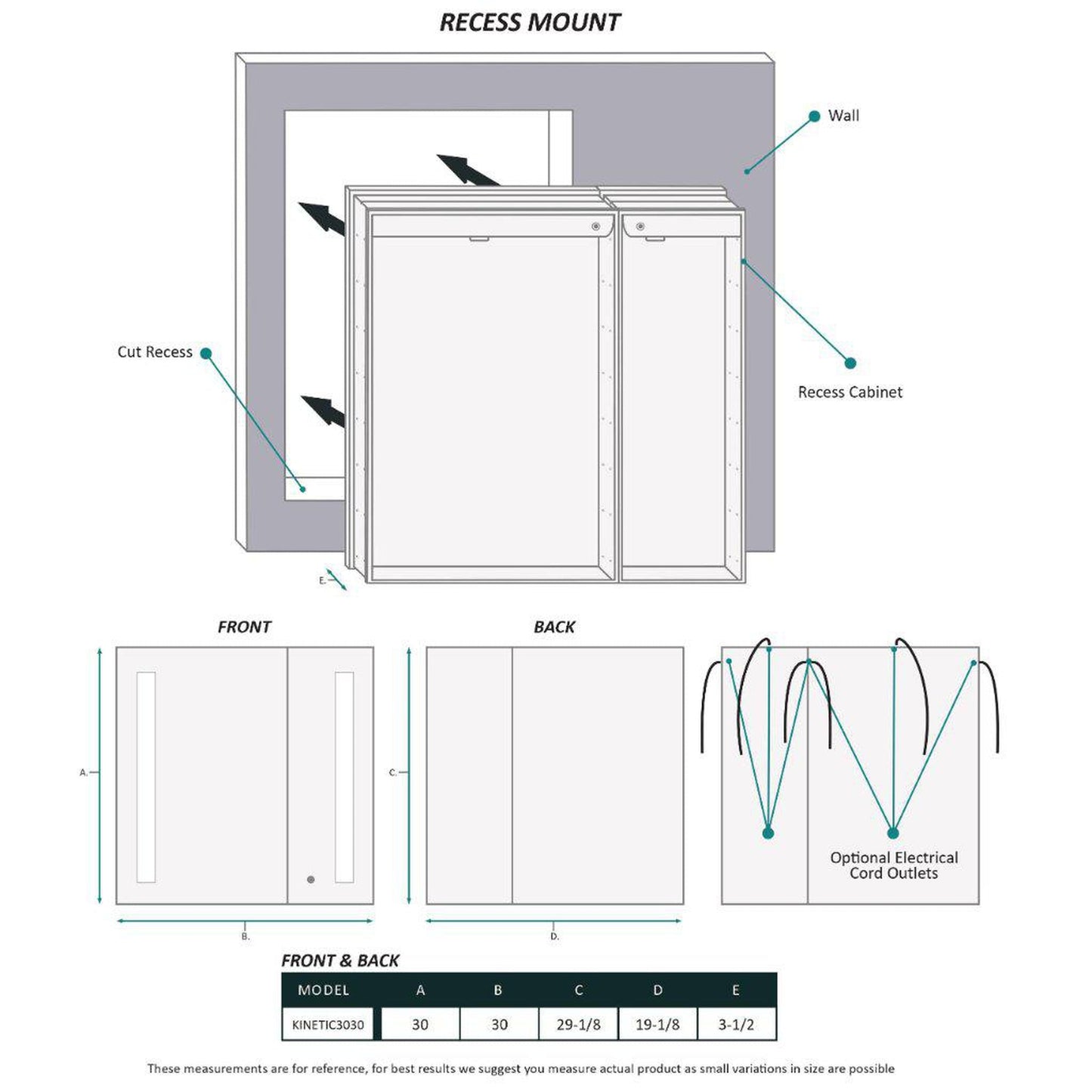 Krugg Reflections Kinetic 30" x 30" 6000K Double Dual Opening Rectangular Recessed/Surface-Mount Illuminated Silver Backed LED Medicine Cabinet Mirror With Built-in Defogger, Dimmer and Electrical Outlet