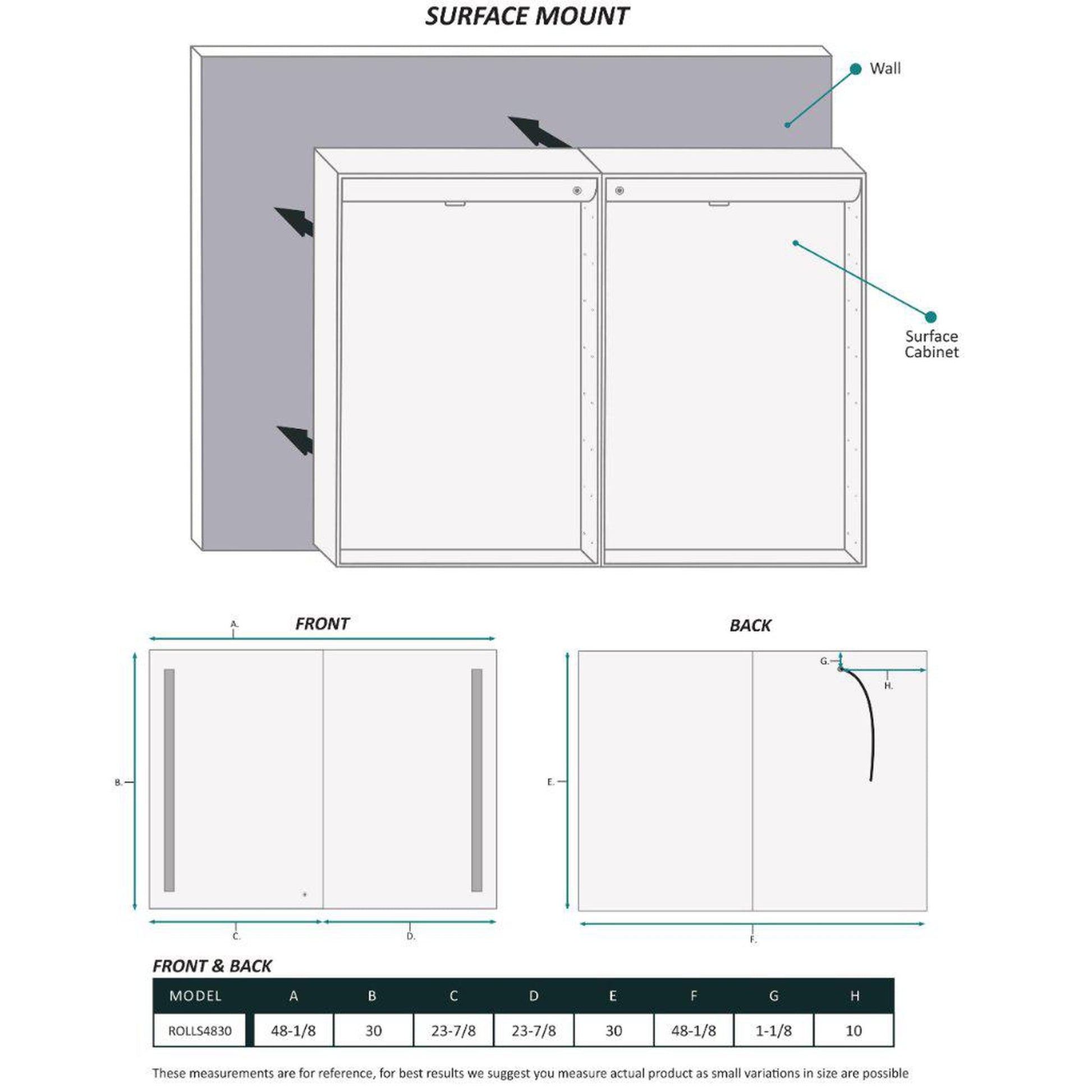 Krugg Reflections Rolls 48" x 30" Double Dual Opening Rectangular Recessed/Surface-Mount Illuminated Silver Backed LED Medicine Cabinet Mirror With Built-in Defogger, Dimmer and Electrical Outlet