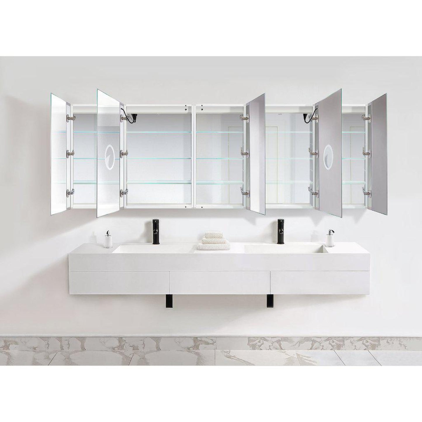 Krugg Reflections Svange 102" x 36" 5000K Double Penta-View Left-Left-Right-Right-Right Opening Recessed/Surface-Mount Illuminated Silver Backed LED Medicine Cabinet Mirror With Built-in Defogger, Dimmer and Electrical Outlet