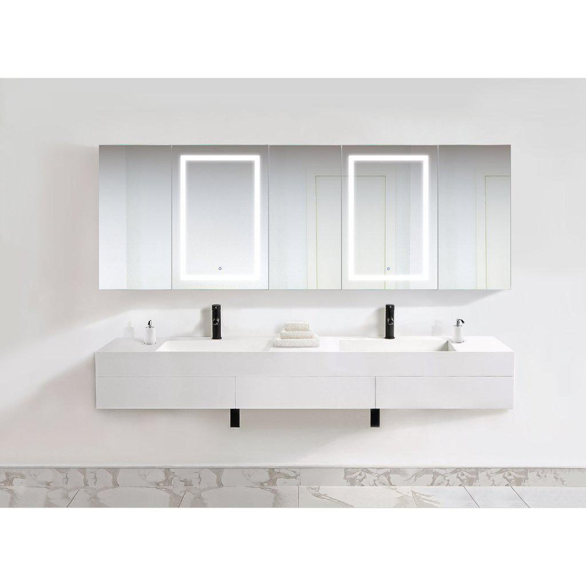 Krugg Reflections Svange 102" x 36" 5000K Double Penta-View Left-Left-Right-Right-Right Opening Recessed/Surface-Mount Illuminated Silver Backed LED Medicine Cabinet Mirror With Built-in Defogger, Dimmer and Electrical Outlet