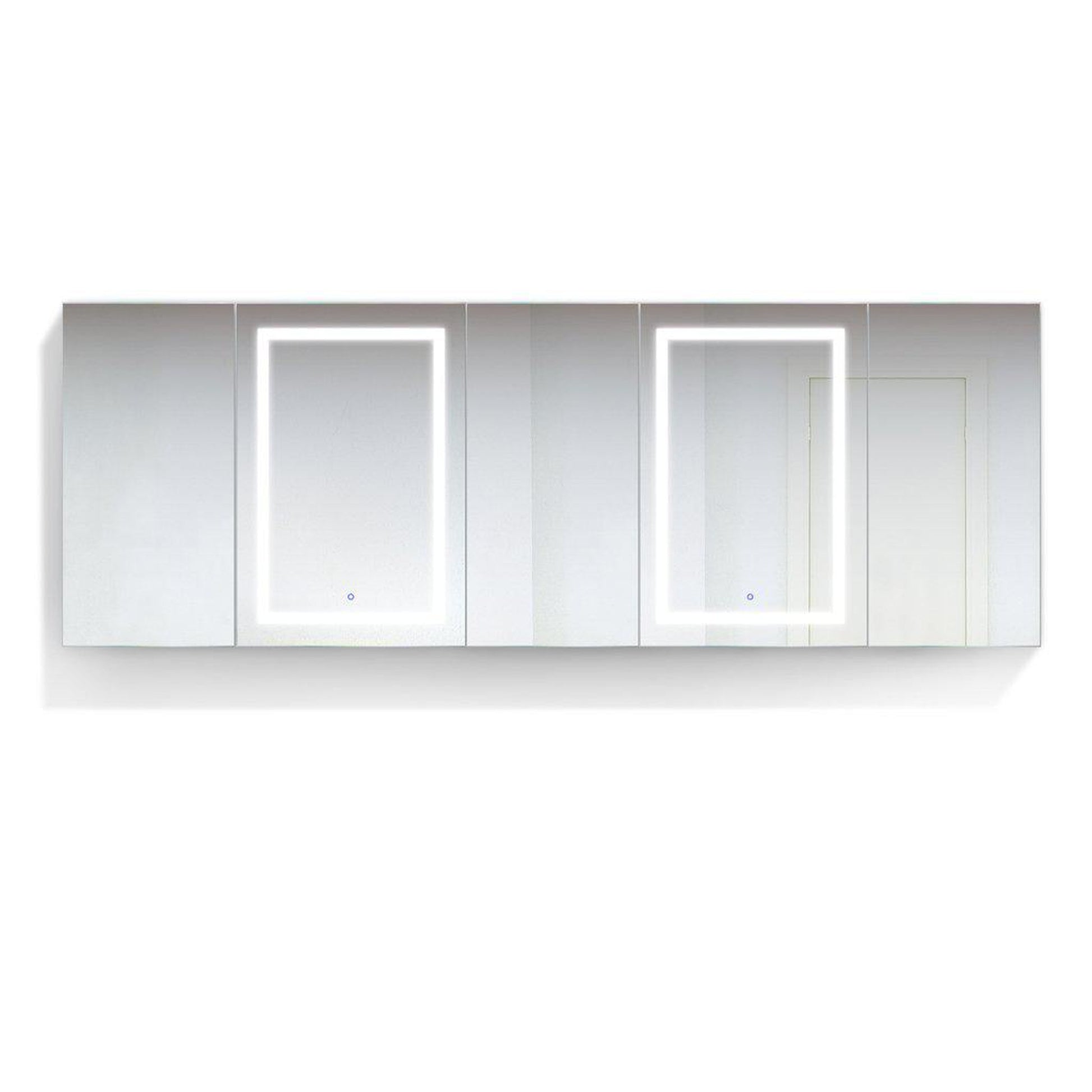Krugg Reflections Svange 102" x 36" 5000K Double Penta-View Left-Left-Right-Right-Right Opening Recessed/Surface-Mount Illuminated Silver Backed LED Medicine Cabinet Mirror With Built-in Defogger, Dimmer and Electrical Outlet