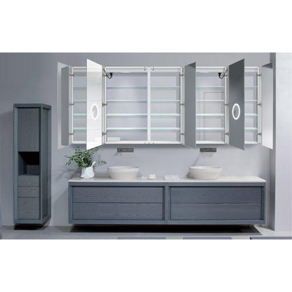 Krugg Reflections Svange 102" x 42" 5000K Double Penta-View Left-Left-Right-Right-Right Opening Recessed/Surface-Mount Illuminated Silver Backed LED Medicine Cabinet Mirror With Built-in Defogger, Dimmer and Electrical Outlet