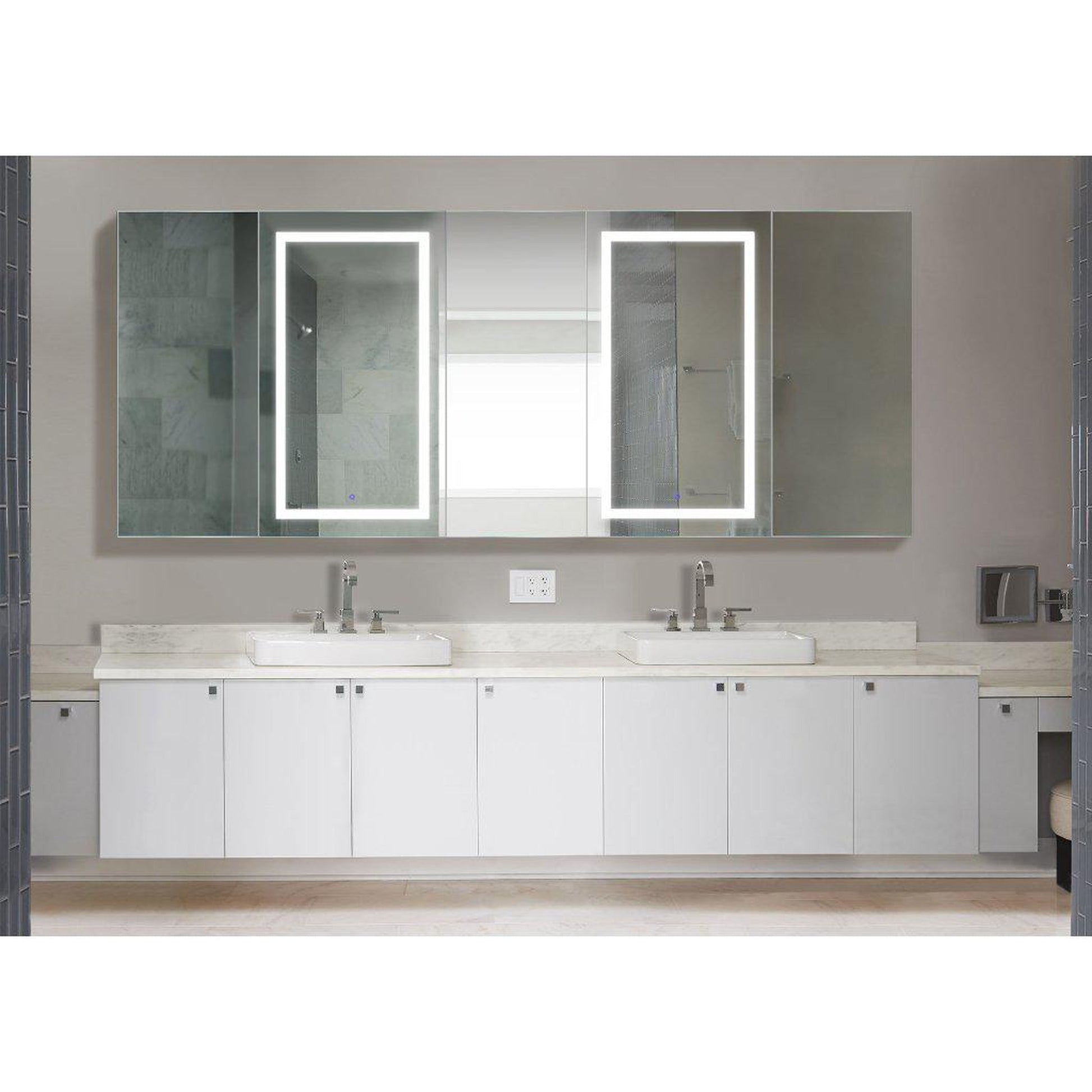 Krugg Reflections Svange 102" x 42" 5000K Double Penta-View Left-Left-Right-Right-Right Opening Recessed/Surface-Mount Illuminated Silver Backed LED Medicine Cabinet Mirror With Built-in Defogger, Dimmer and Electrical Outlet