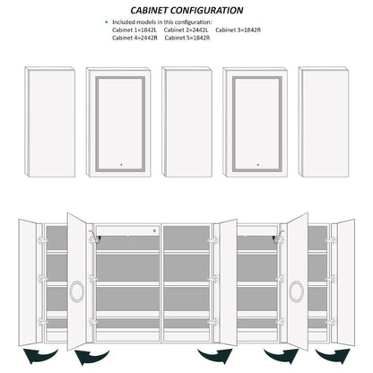 Krugg Reflections Svange 102" x 42" 5000K Double Penta-View Left-Left-Right-Right-Right Opening Recessed/Surface-Mount Illuminated Silver Backed LED Medicine Cabinet Mirror With Built-in Defogger, Dimmer and Electrical Outlet