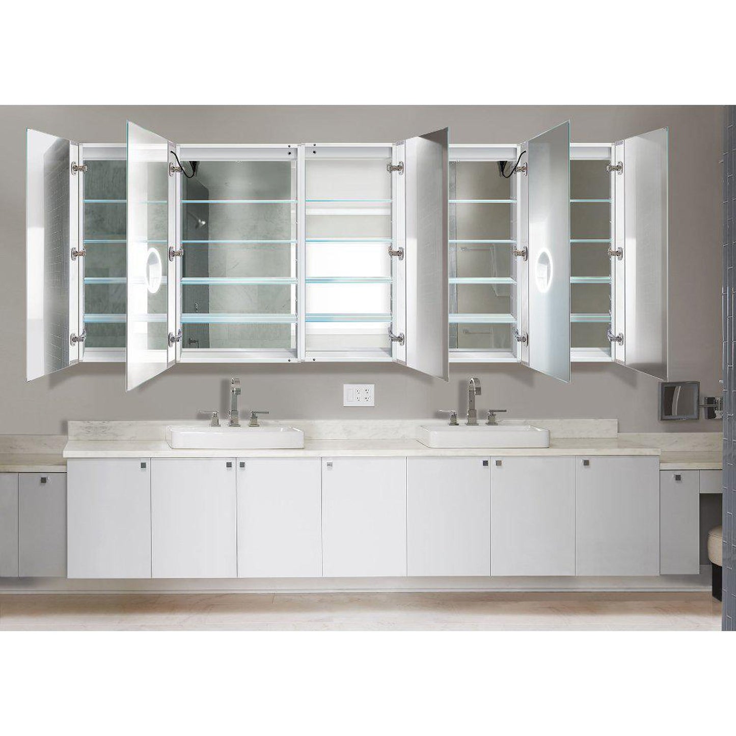 Krugg Reflections Svange 102" x 42" 5000K Double Penta-View Left-Left-Right-Right-Right Opening Recessed/Surface-Mount Illuminated Silver Backed LED Medicine Cabinet Mirror With Built-in Defogger, Dimmer and Electrical Outlet