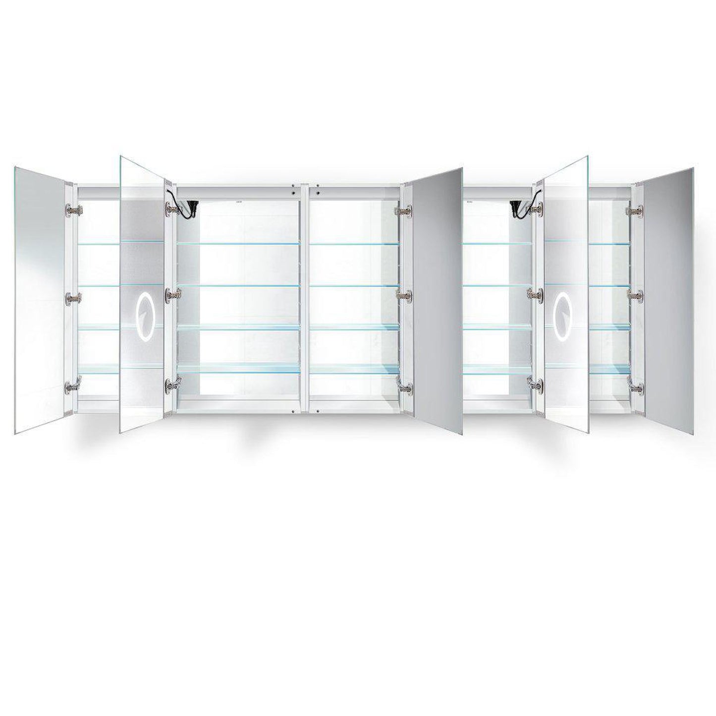 Krugg Reflections Svange 102" x 42" 5000K Double Penta-View Left-Left-Right-Right-Right Opening Recessed/Surface-Mount Illuminated Silver Backed LED Medicine Cabinet Mirror With Built-in Defogger, Dimmer and Electrical Outlet