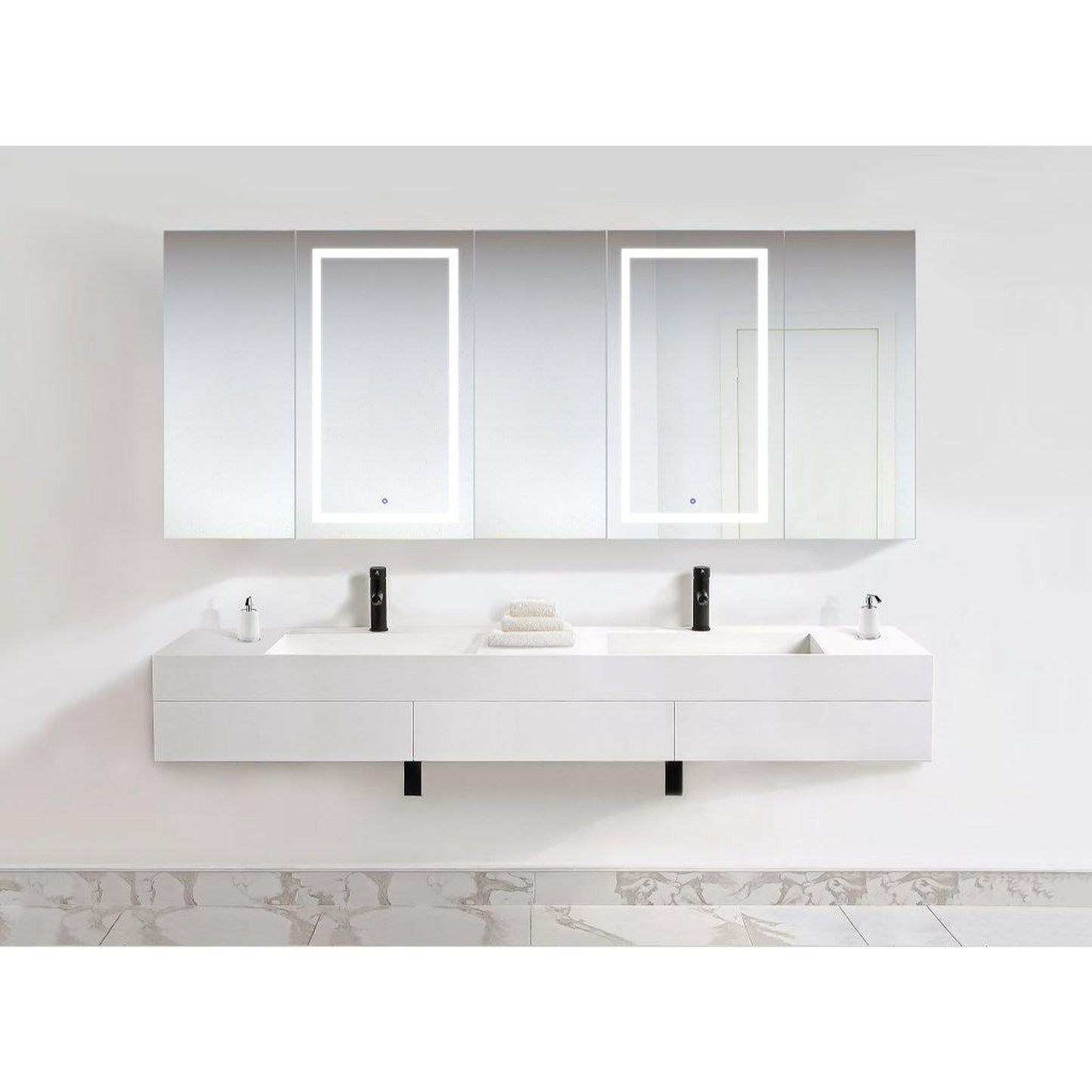 Krugg Reflections Svange 102" x 42" 5000K Double Penta-View Left-Left-Right-Right-Right Opening Recessed/Surface-Mount Illuminated Silver Backed LED Medicine Cabinet Mirror With Built-in Defogger, Dimmer and Electrical Outlet