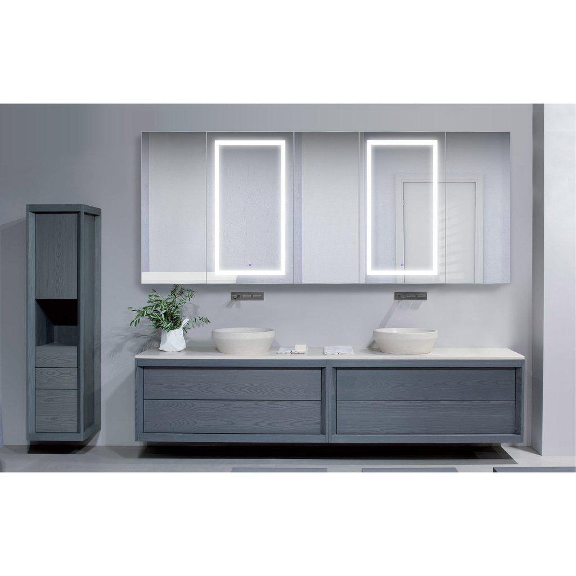 Krugg Reflections Svange 102" x 42" 5000K Double Penta-View Left-Left-Right-Right-Right Opening Recessed/Surface-Mount Illuminated Silver Backed LED Medicine Cabinet Mirror With Built-in Defogger, Dimmer and Electrical Outlet