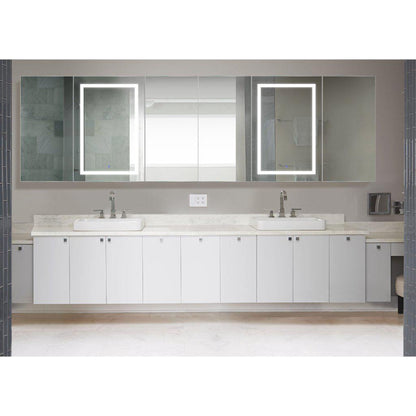 Krugg Reflections Svange 120" x 36" 5000K Double Hexa-View Left-Left-Left-Right-Right-Right Opening Recessed/Surface-Mount Illuminated Silver Backed LED Medicine Cabinet Mirror With Built-in Defogger, Dimmer and Electrical Outlet