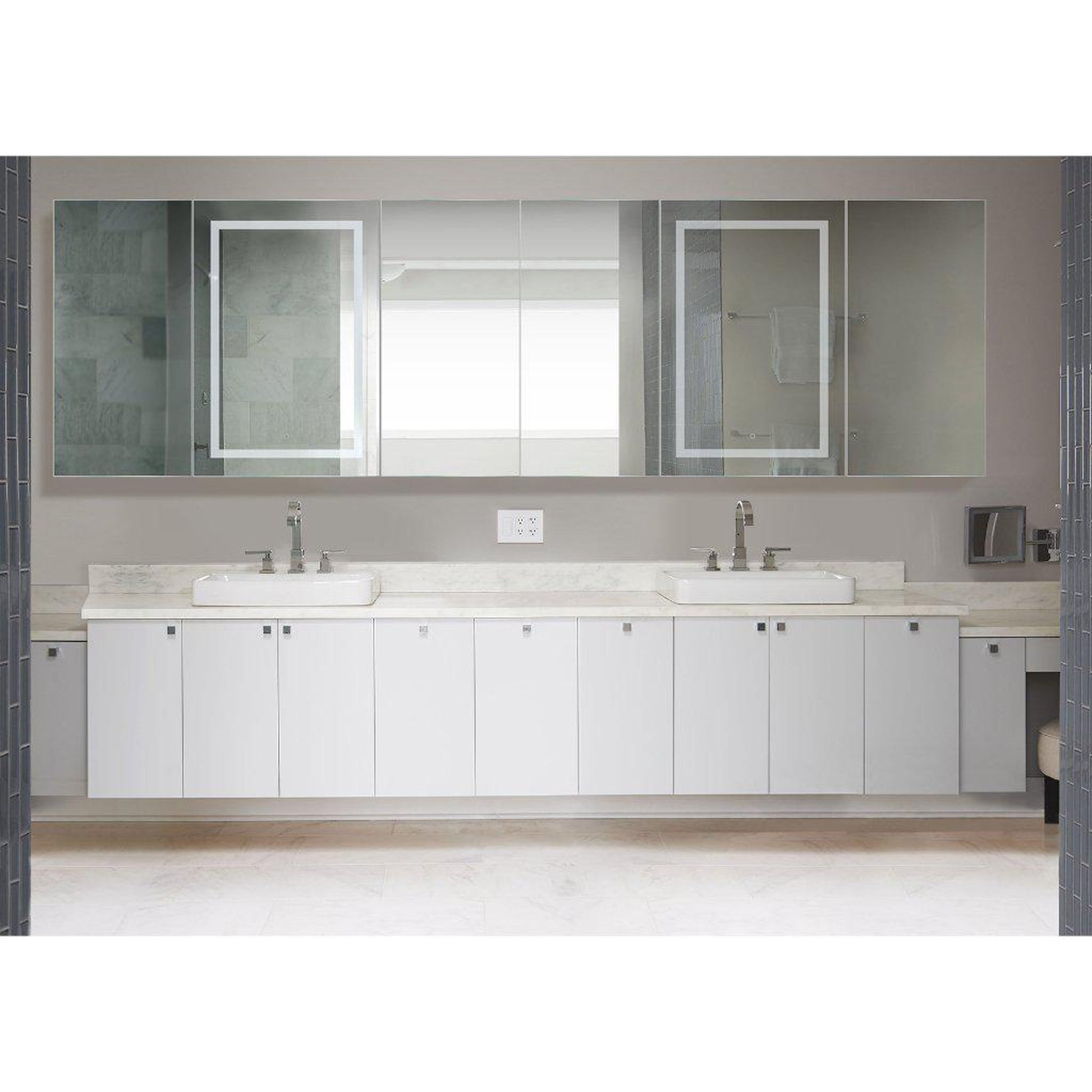 Krugg Reflections Svange 120" x 36" 5000K Double Hexa-View Left-Left-Left-Right-Right-Right Opening Recessed/Surface-Mount Illuminated Silver Backed LED Medicine Cabinet Mirror With Built-in Defogger, Dimmer and Electrical Outlet