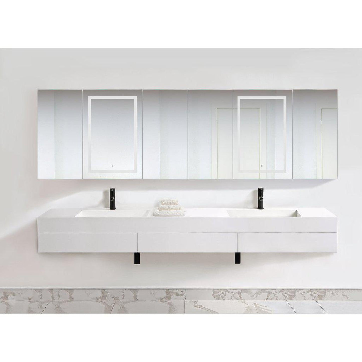 Krugg Reflections Svange 120" x 36" 5000K Double Hexa-View Left-Left-Left-Right-Right-Right Opening Recessed/Surface-Mount Illuminated Silver Backed LED Medicine Cabinet Mirror With Built-in Defogger, Dimmer and Electrical Outlet