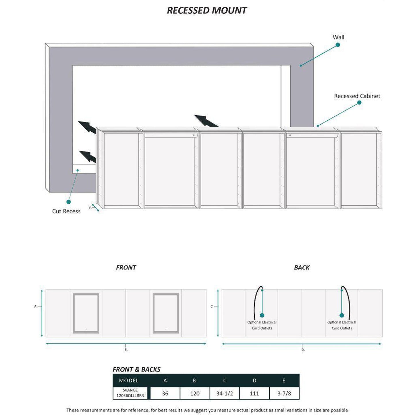 Krugg Reflections Svange 120" x 36" 5000K Double Hexa-View Left-Left-Left-Right-Right-Right Opening Recessed/Surface-Mount Illuminated Silver Backed LED Medicine Cabinet Mirror With Built-in Defogger, Dimmer and Electrical Outlet