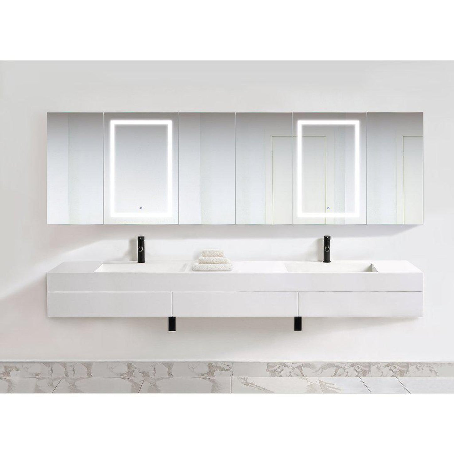 Krugg Reflections Svange 120" x 36" 5000K Double Hexa-View Left-Left-Left-Right-Right-Right Opening Recessed/Surface-Mount Illuminated Silver Backed LED Medicine Cabinet Mirror With Built-in Defogger, Dimmer and Electrical Outlet