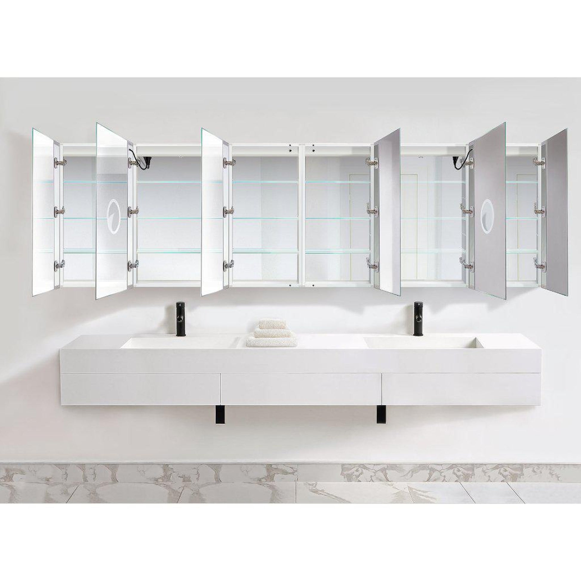 Krugg Reflections Svange 120" x 36" 5000K Double Hexa-View Left-Left-Left-Right-Right-Right Opening Recessed/Surface-Mount Illuminated Silver Backed LED Medicine Cabinet Mirror With Built-in Defogger, Dimmer and Electrical Outlet