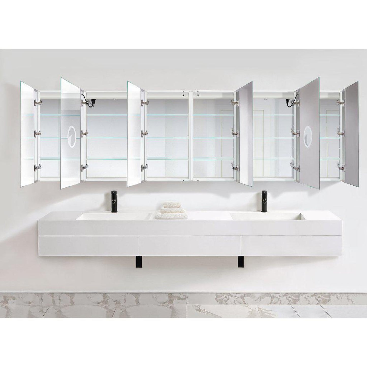 Krugg Reflections Svange 120" x 36" 5000K Double Hexa-View Left-Left-Left-Right-Right-Right Opening Recessed/Surface-Mount Illuminated Silver Backed LED Medicine Cabinet Mirror With Built-in Defogger, Dimmer and Electrical Outlet