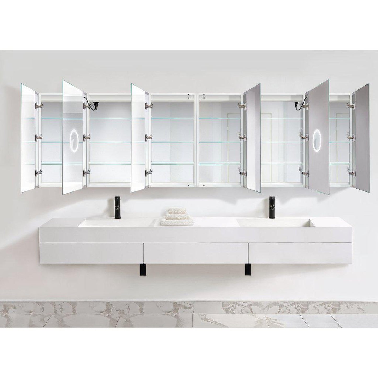 Krugg Reflections Svange 120" x 36" 5000K Double Hexa-View Left-Left-Left-Right-Right-Right Opening Recessed/Surface-Mount Illuminated Silver Backed LED Medicine Cabinet Mirror With Built-in Defogger, Dimmer and Electrical Outlet