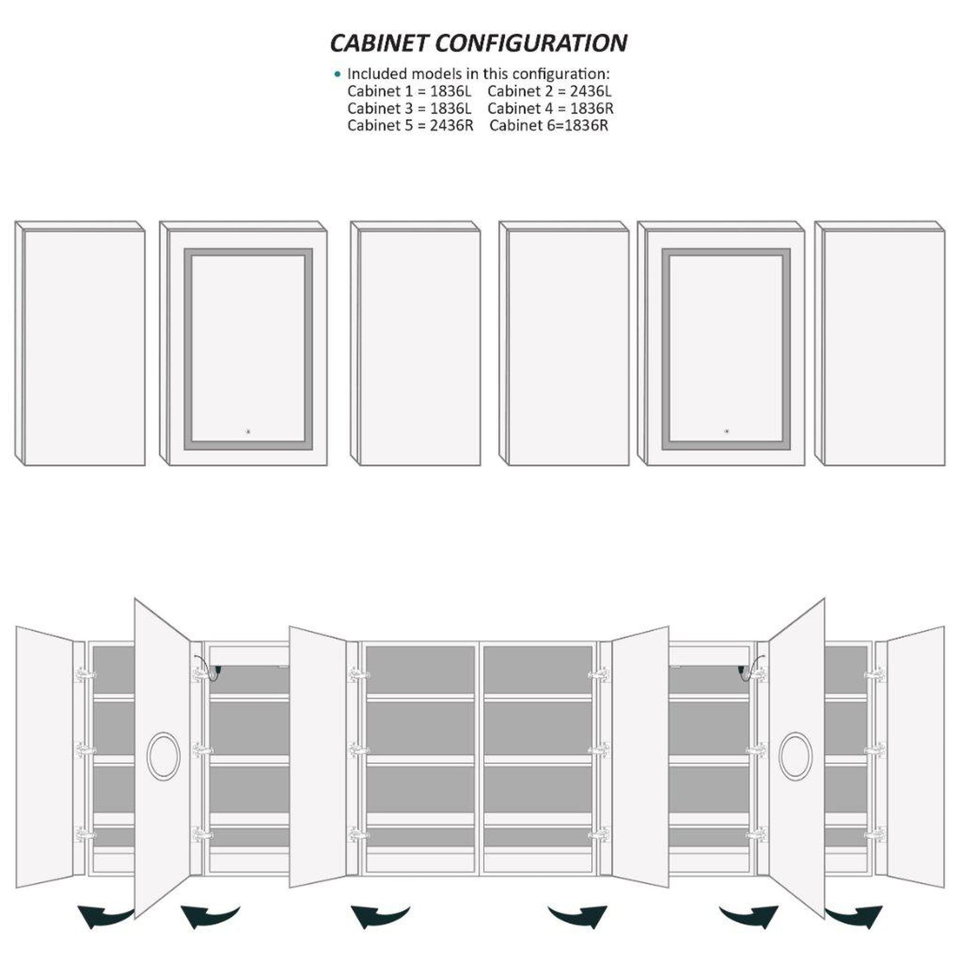 Krugg Reflections Svange 120" x 36" 5000K Double Hexa-View Left-Left-Left-Right-Right-Right Opening Recessed/Surface-Mount Illuminated Silver Backed LED Medicine Cabinet Mirror With Built-in Defogger, Dimmer and Electrical Outlet