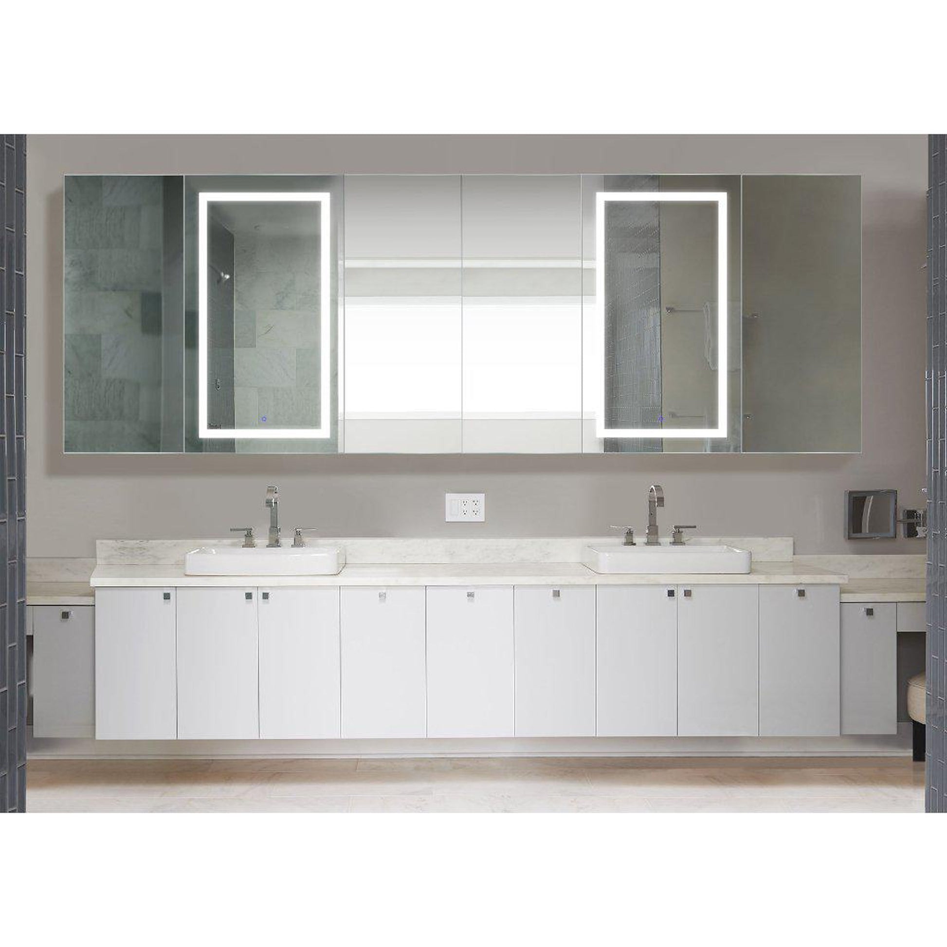 Krugg Reflections Svange 120" x 42" 5000K Double Hexa-View Left-Left-Left-Right-Right-Right Opening Recessed/Surface-Mount Illuminated Silver Backed LED Medicine Cabinet Mirror With Built-in Defogger, Dimmer and Electrical Outlet