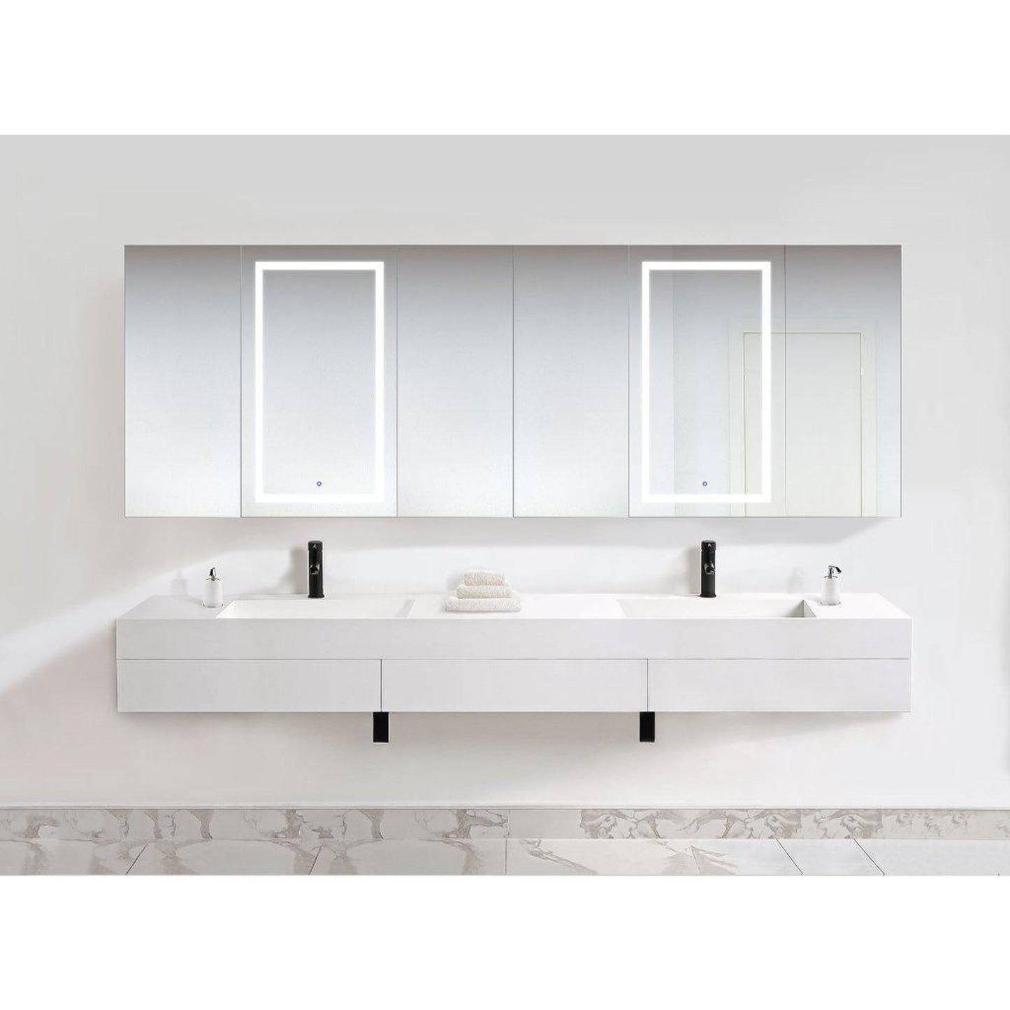 Krugg Reflections Svange 120" x 42" 5000K Double Hexa-View Left-Left-Left-Right-Right-Right Opening Recessed/Surface-Mount Illuminated Silver Backed LED Medicine Cabinet Mirror With Built-in Defogger, Dimmer and Electrical Outlet