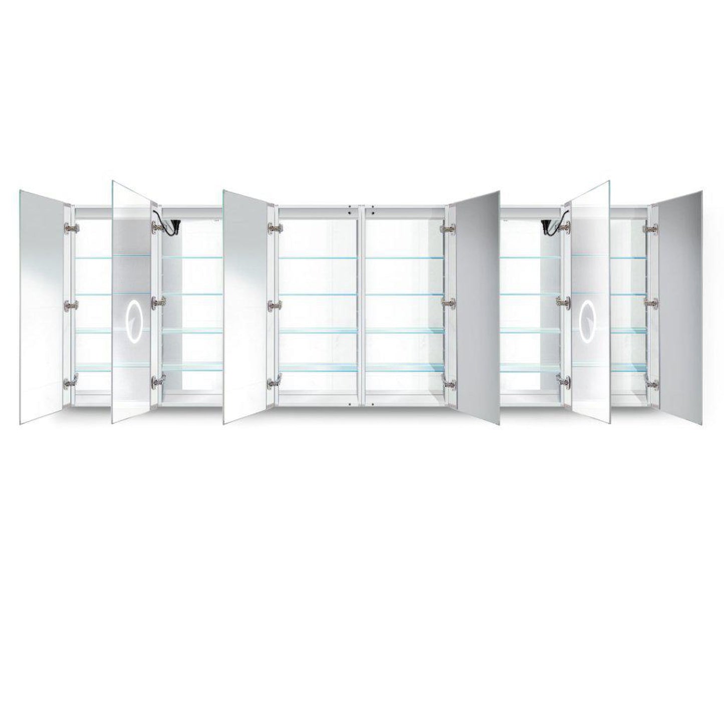 Krugg Reflections Svange 120" x 42" 5000K Double Hexa-View Left-Left-Left-Right-Right-Right Opening Recessed/Surface-Mount Illuminated Silver Backed LED Medicine Cabinet Mirror With Built-in Defogger, Dimmer and Electrical Outlet