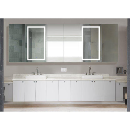 Krugg Reflections Svange 120" x 42" 5000K Double Hexa-View Left-Left-Left-Right-Right-Right Opening Recessed/Surface-Mount Illuminated Silver Backed LED Medicine Cabinet Mirror With Built-in Defogger, Dimmer and Electrical Outlet