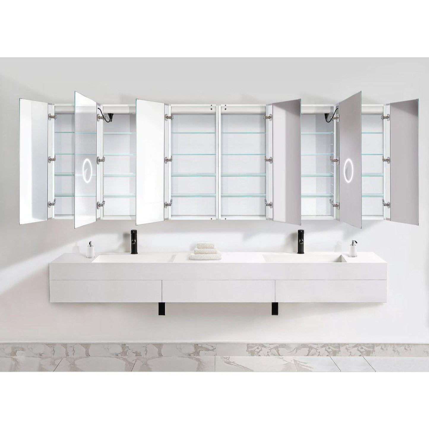 Krugg Reflections Svange 120" x 42" 5000K Double Hexa-View Left-Left-Left-Right-Right-Right Opening Recessed/Surface-Mount Illuminated Silver Backed LED Medicine Cabinet Mirror With Built-in Defogger, Dimmer and Electrical Outlet