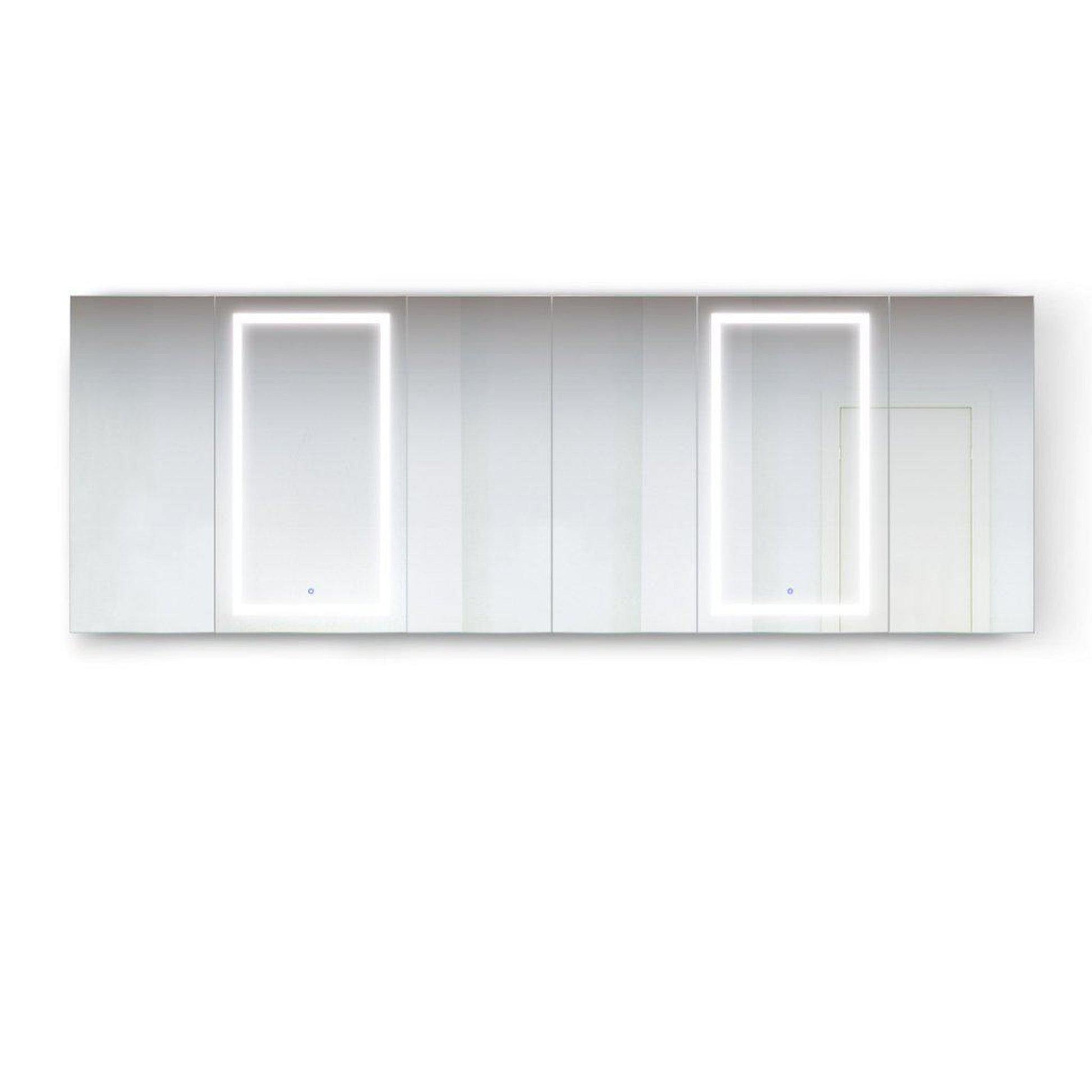 Krugg Reflections Svange 120" x 42" 5000K Double Hexa-View Left-Left-Left-Right-Right-Right Opening Recessed/Surface-Mount Illuminated Silver Backed LED Medicine Cabinet Mirror With Built-in Defogger, Dimmer and Electrical Outlet