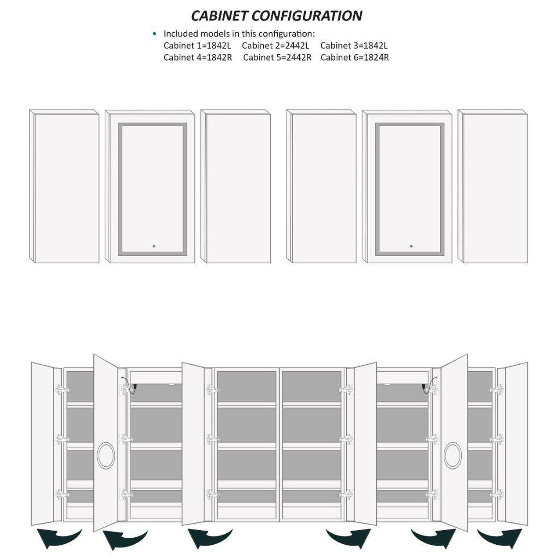 Krugg Reflections Svange 120" x 42" 5000K Double Hexa-View Left-Left-Left-Right-Right-Right Opening Recessed/Surface-Mount Illuminated Silver Backed LED Medicine Cabinet Mirror With Built-in Defogger, Dimmer and Electrical Outlet