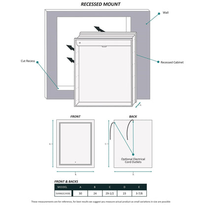 Krugg Reflections Svange 24" x 30" 5000K Single Left Opening Recessed/Surface-Mount Illuminated Silver Backed LED Medicine Cabinet Mirror With Built-in Defogger, Dimmer and Electrical Outlet